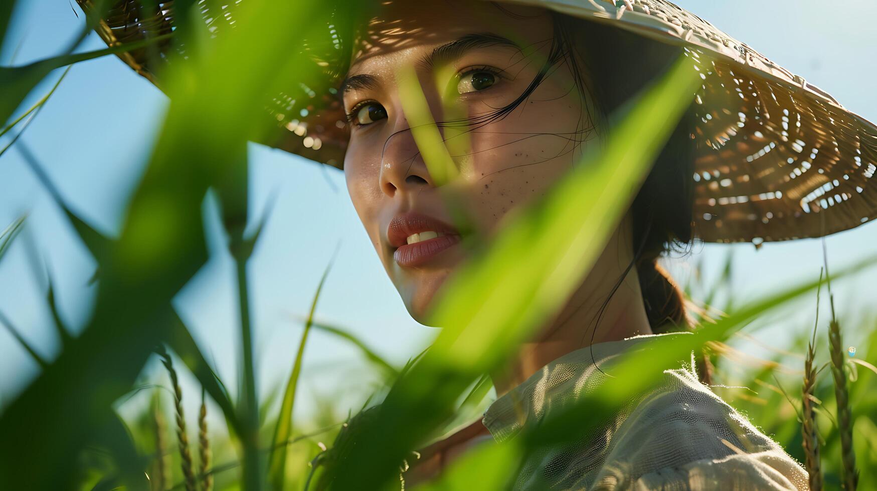 AI generated Woman in Traditional Farming Hat Amidst Lush Crops Framed by Clear Blue Sky photo