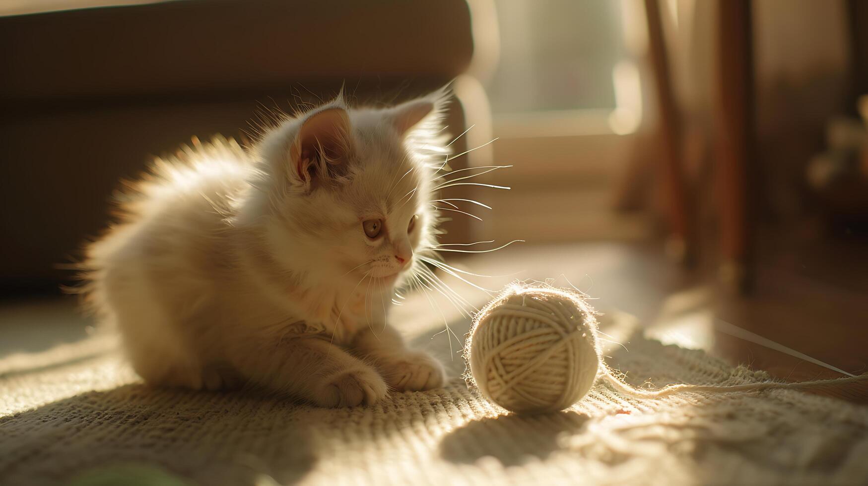 AI generated Fluffy Kitten Plays with Yarn in Cozy Living Room Bathed in Soft Natural Light photo