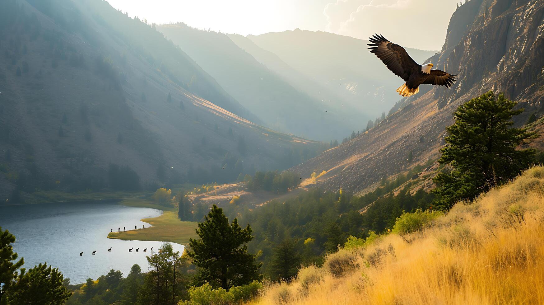 AI generated Golden Sunset Majestic Eagle Graceful Deer and Spirited Hikers Embrace Untamed Beauty photo