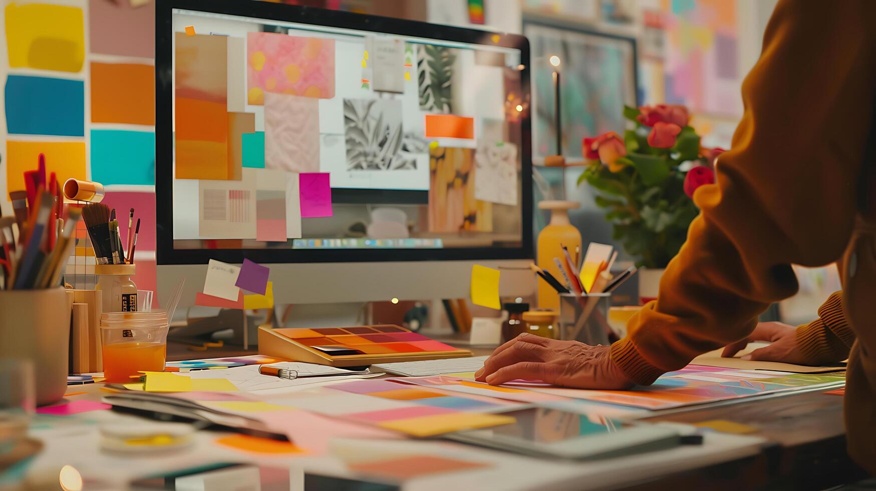 AI generated Designer Creates Colorful Palette with Swatches Mood Board and Computer Screen photo