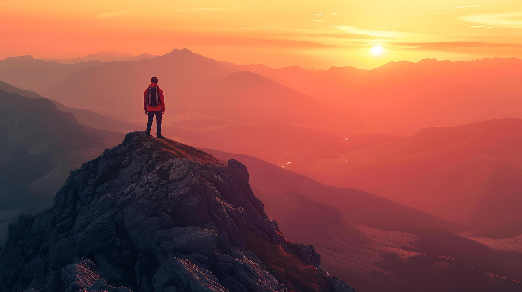 AI generated Golden Sunset Lone Figure Embraces Wilderness Beauty Awaits Adventure photo