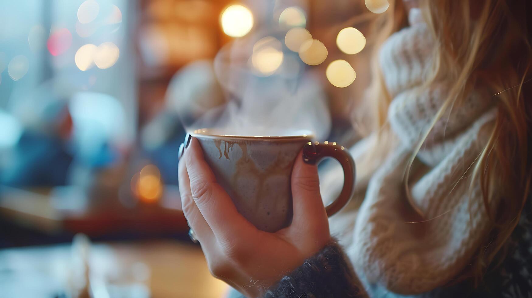 AI generated Steaming Coffee Cup Embraced by Womans Hand in Cozy Cafe Ambiance Captured with 50mm Lens photo
