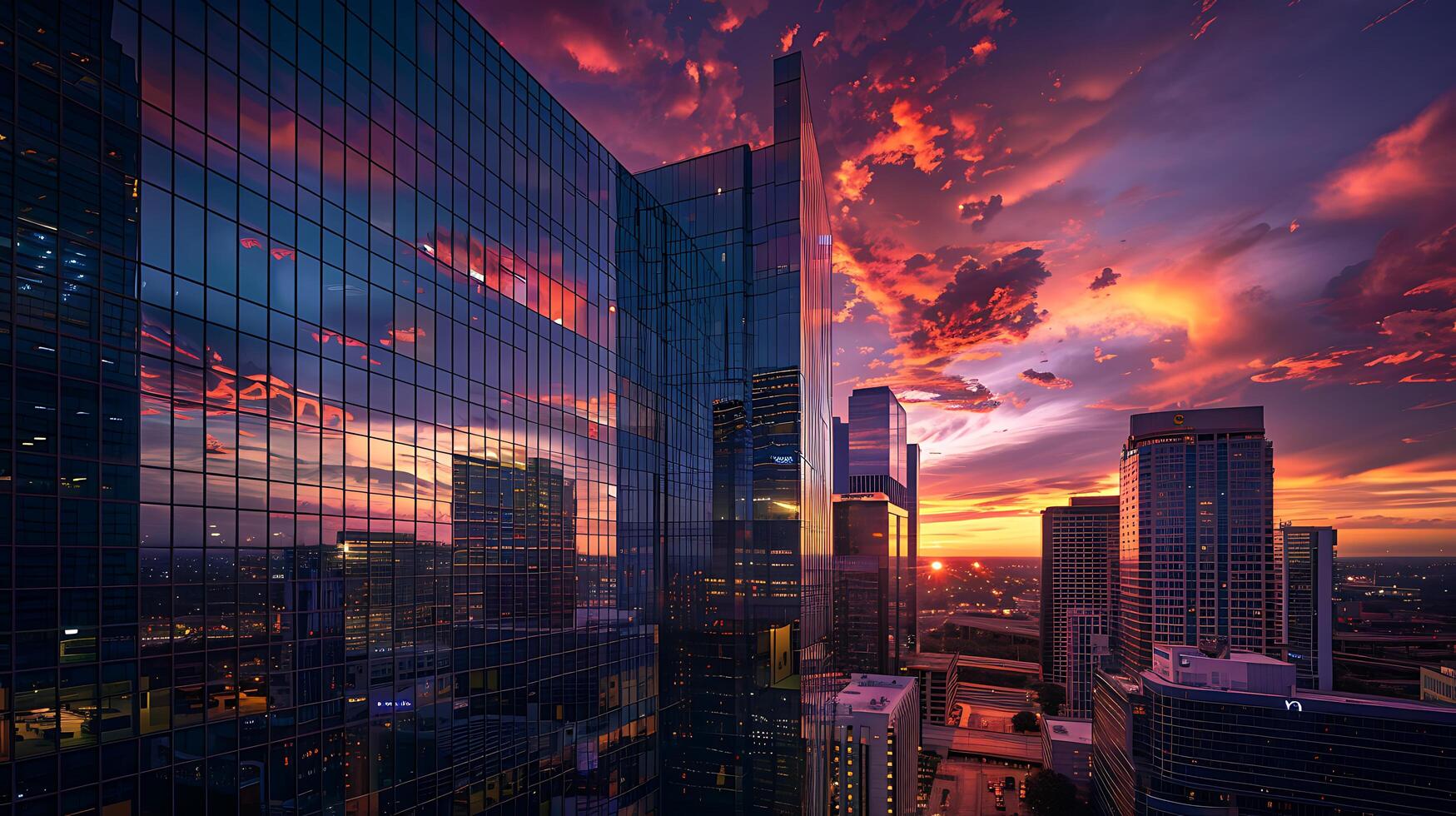 ai generado moderno ciudad horizonte brilla a puesta de sol con alto vaso rascacielos reflejando calentar noche ligero foto