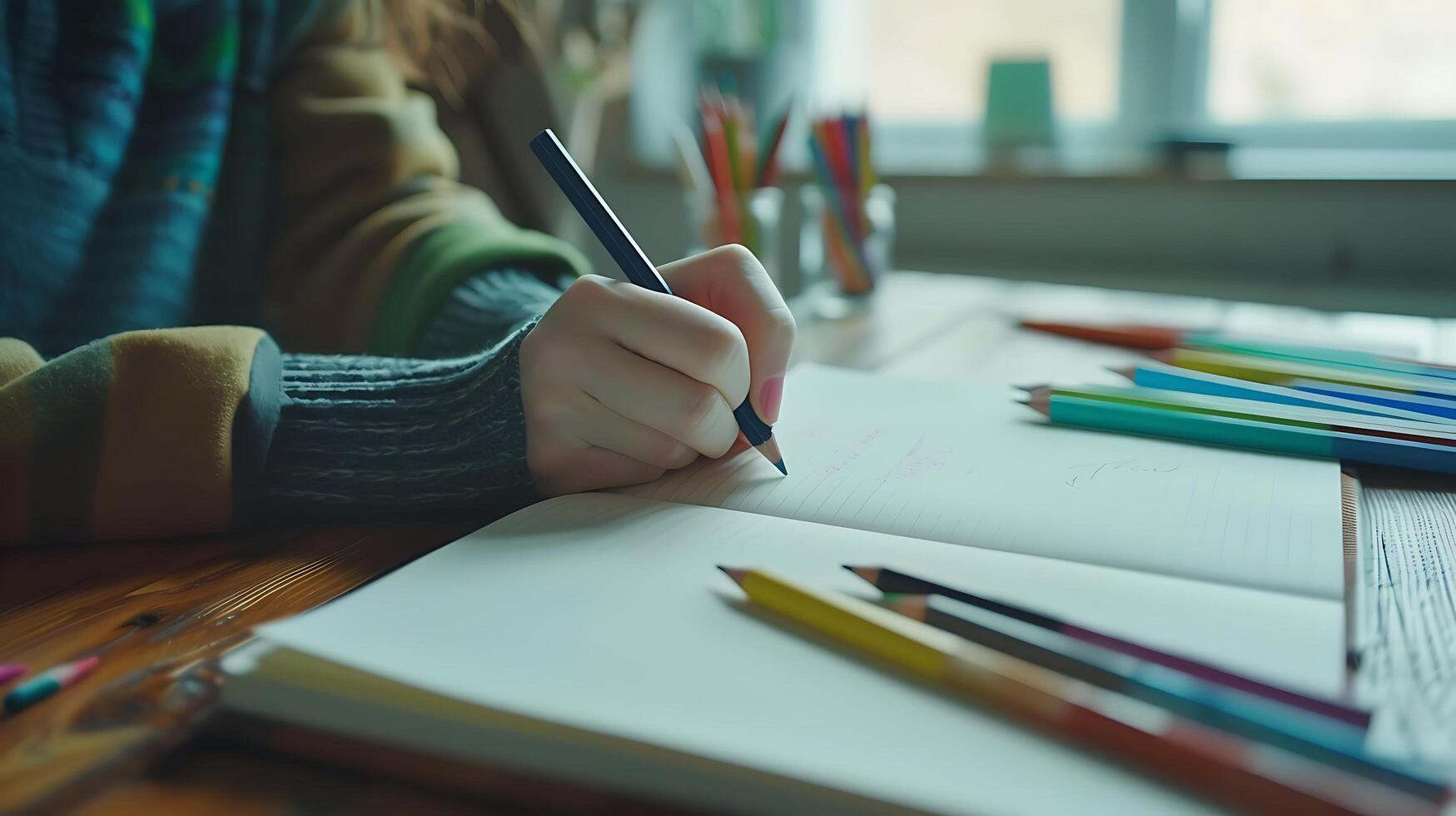 AI generated Designers Hand Selects Colorful Markers From WellOrganized Desk Amid Neatly Arranged Art Supplies photo