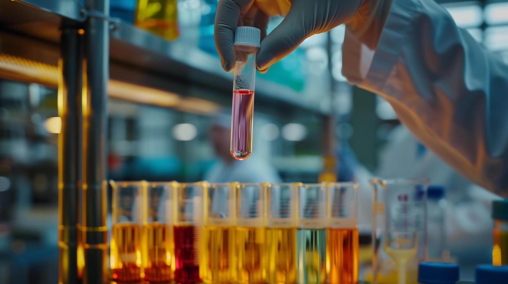 AI generated Scientist Captured Pouring Liquid Carefully in Lab Setting with Assorted Scientific Equipment photo