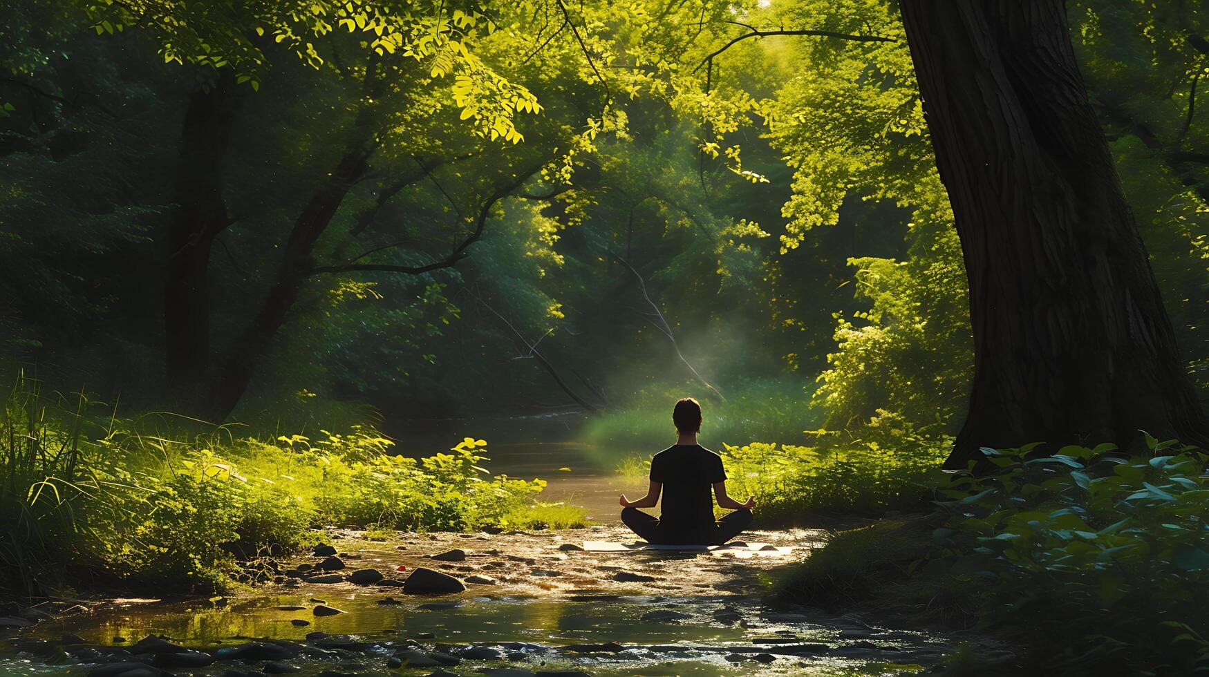 ai generado sereno bosque yoga hallazgo equilibrar y tranquilidad en medio de naturalezas moteado ligero foto