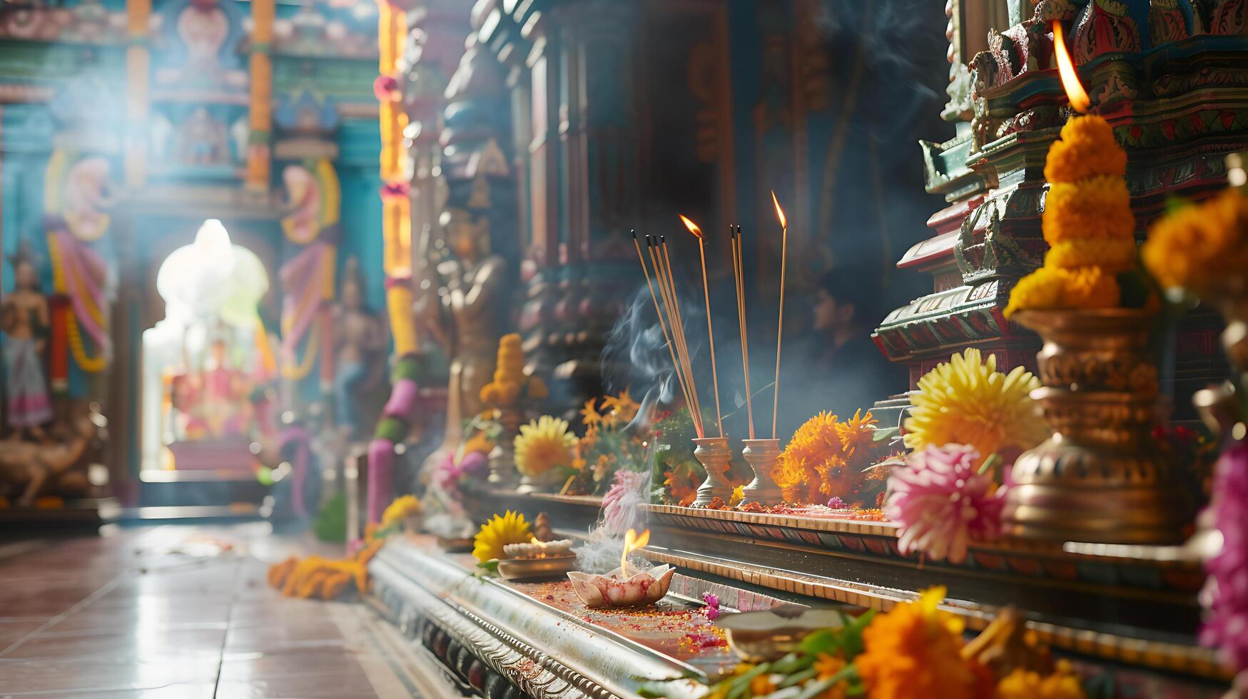 AI generated Priest Performs Colorful Hindu Ritual in Adorned Temple Amid Flower Offerings photo