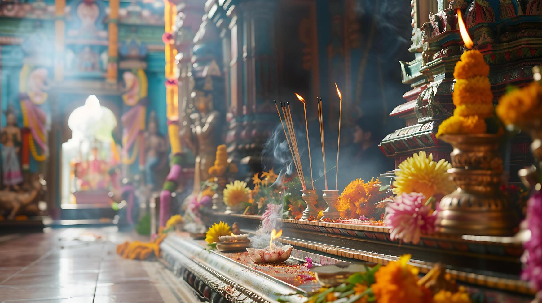 ai generado sacerdote realiza vistoso hindú ritual en adornado templo en medio de flor ofrendas foto