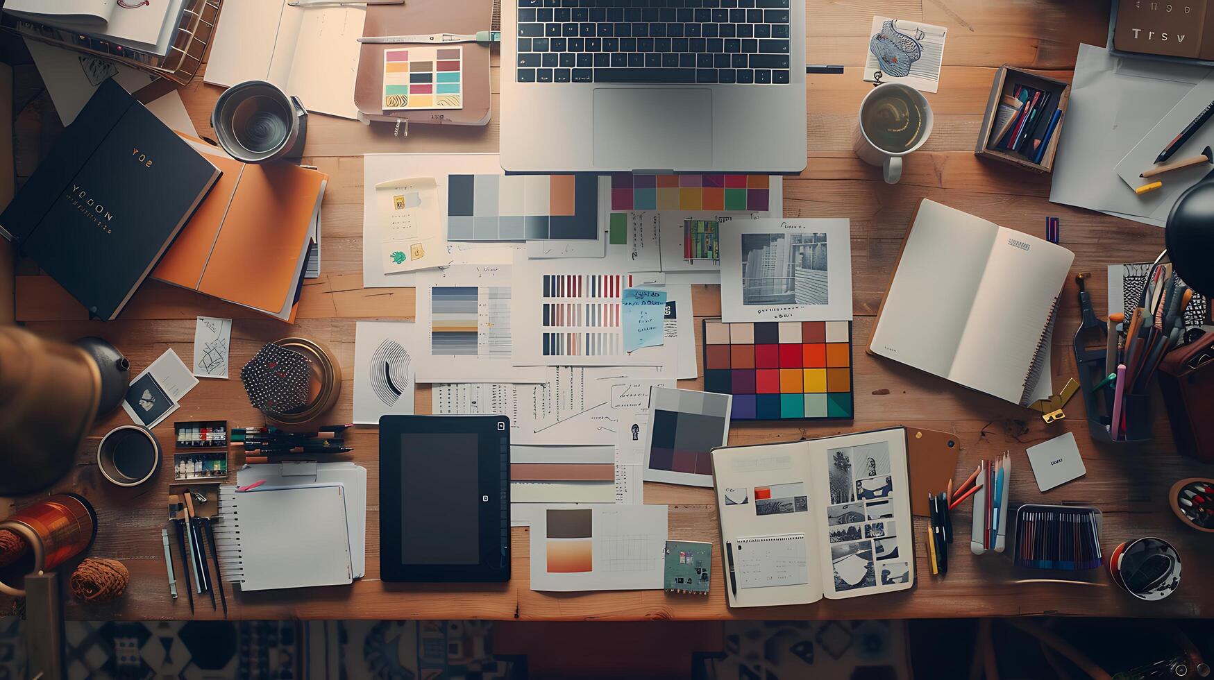 AI generated Designers Desk Overhead View of Graphic Design Resources and Digital Workspace photo