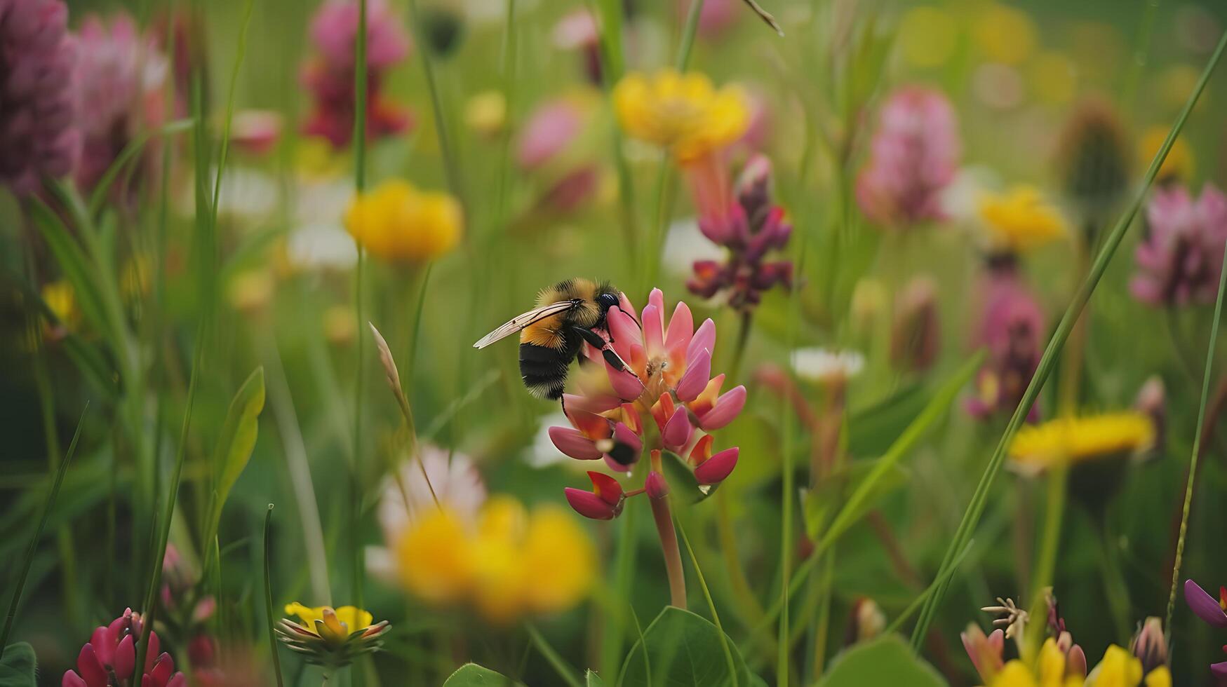 AI generated Macro Shot Captures Bee Pollinating Colorful Wildflower in Lush Meadow with Vibrant Wildflowers photo