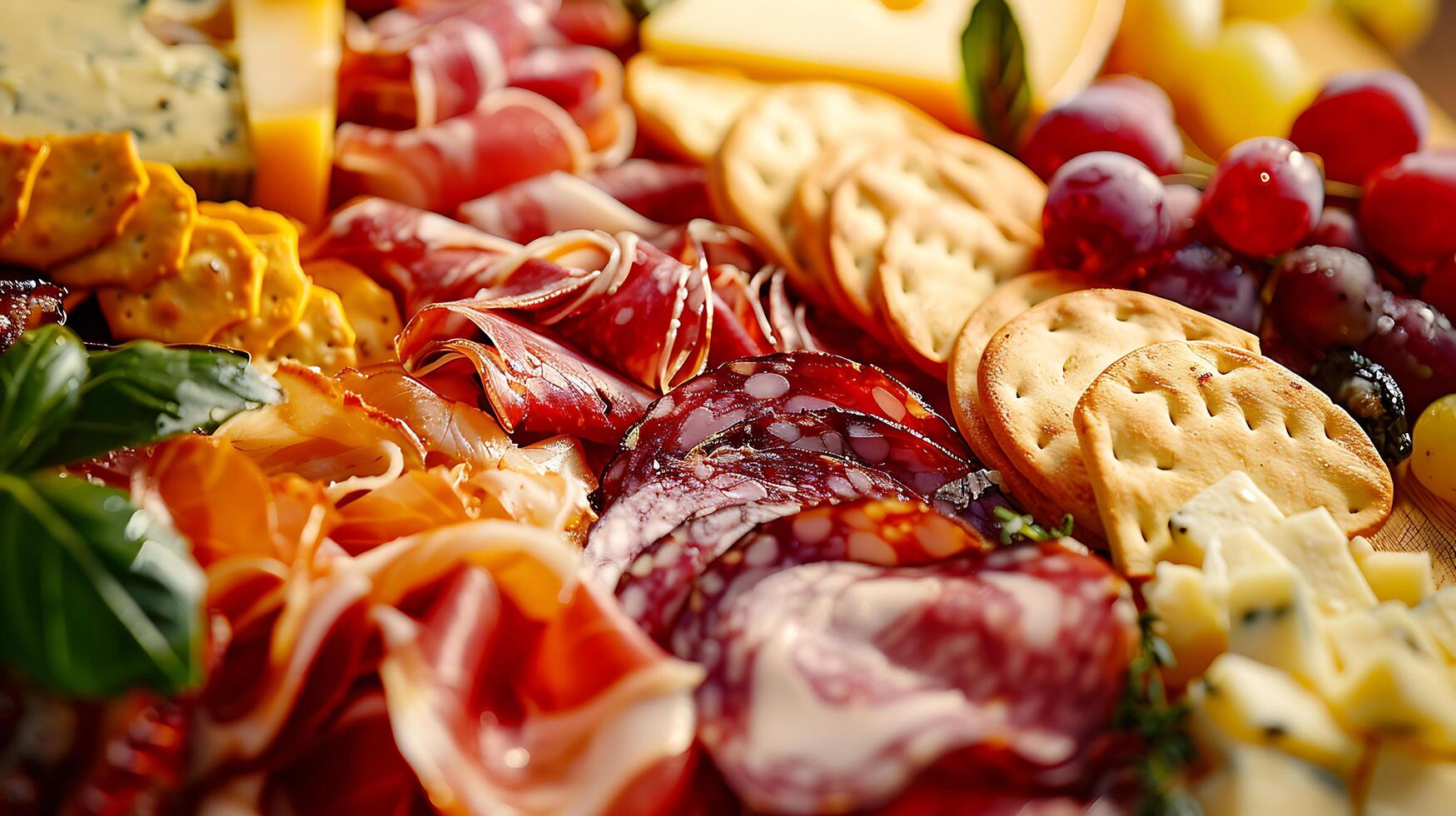 AI generated Artisan Charcuterie Assorted Cheeses Cured Meats and Fresh Fruits on Rustic Wooden Background photo