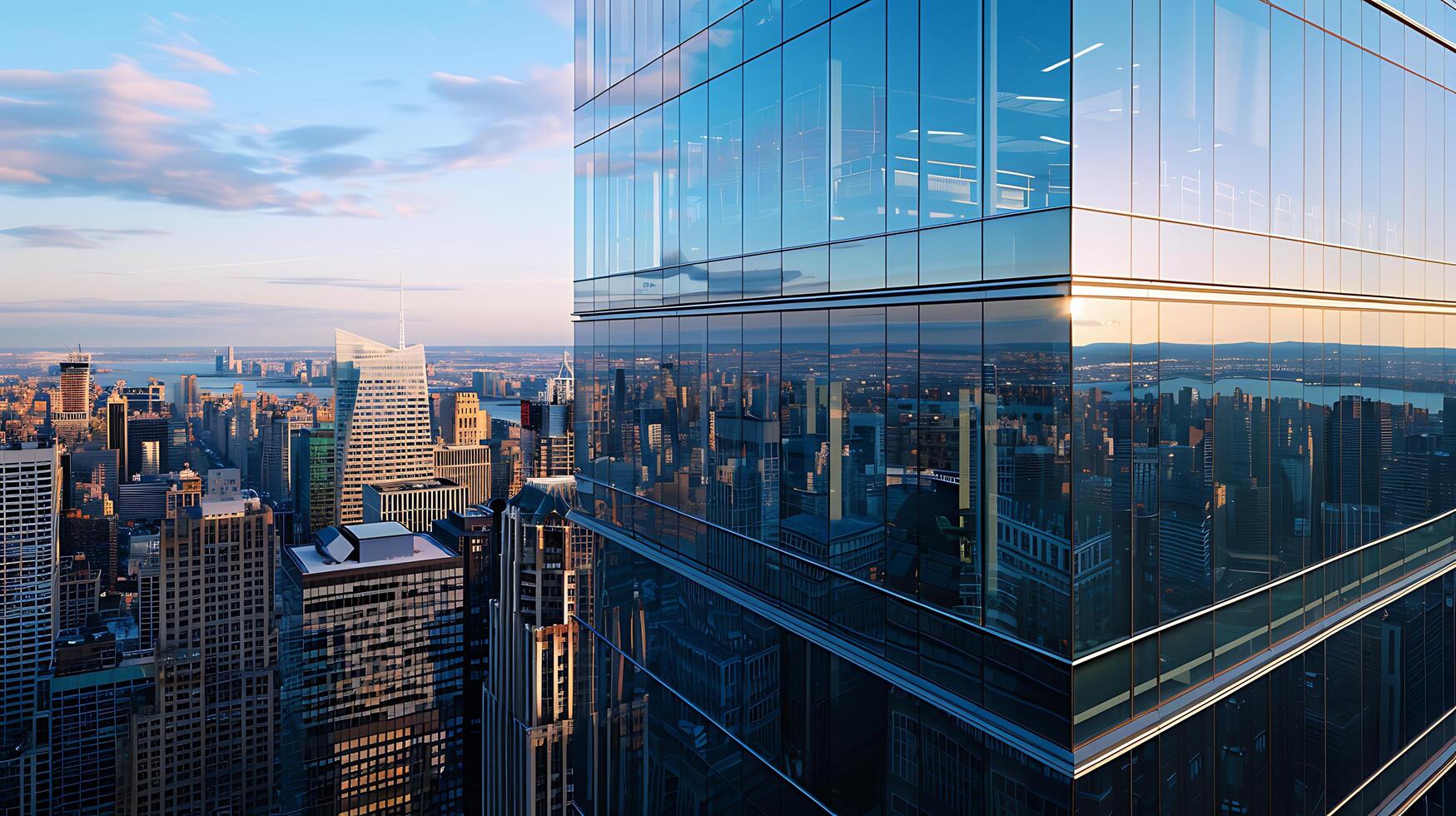 AI generated Modern Office Building Reflecting Urban Landscape through Glass Windows photo