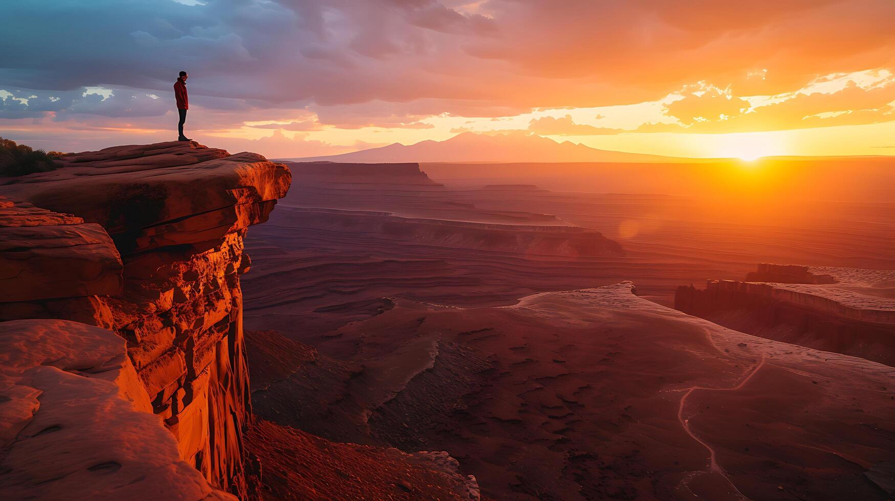 AI generated Contemplative Figure Braces Storm on Cliff Ready to Face the Unknown photo