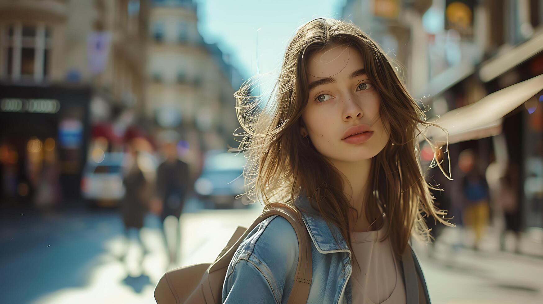 AI generated Stylish Young Woman Anticipates Train Departures Board Captured in CloseUp photo