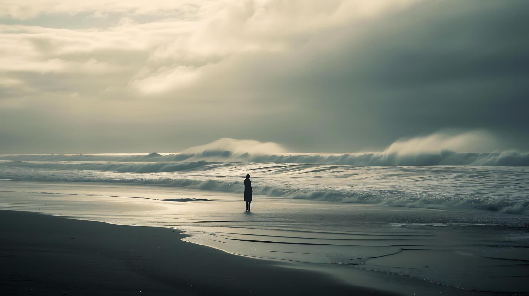 AI generated Silhouette on Beach Vulnerability Amidst Vast Ocean Hint of Hope in Distant Sunlight photo