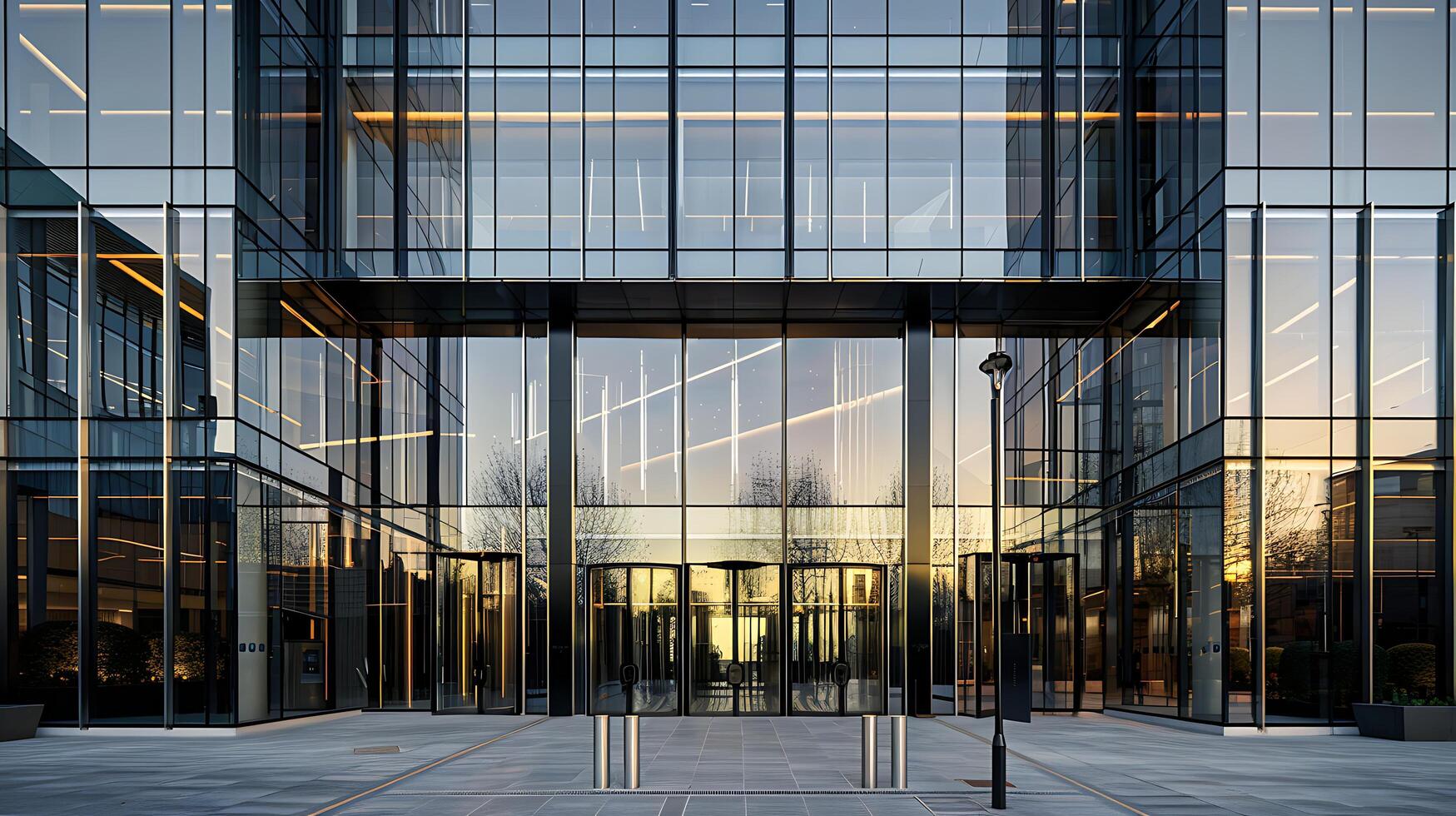 AI generated Urban Reflections Modern Glass Office Building Captured with WideAngle Lens photo