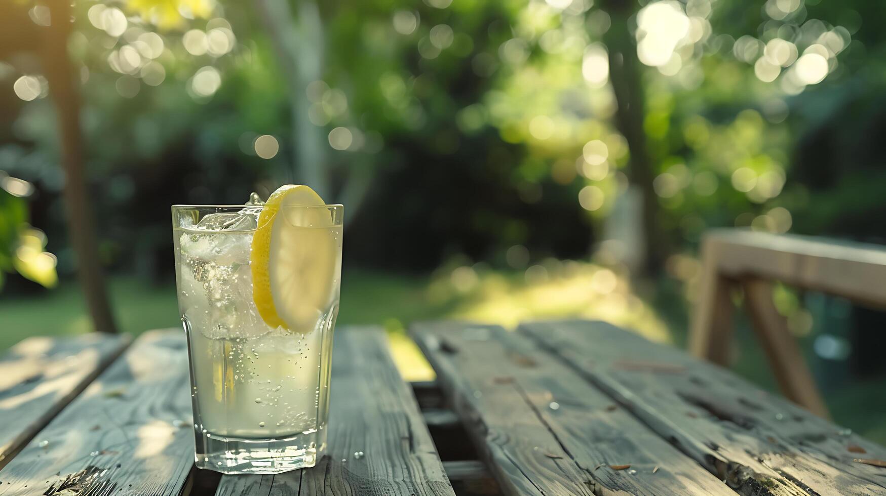 AI generated Refreshing Iced Lemonade Delightfully Garnished Set Against Bright Outdoor Patio Background photo