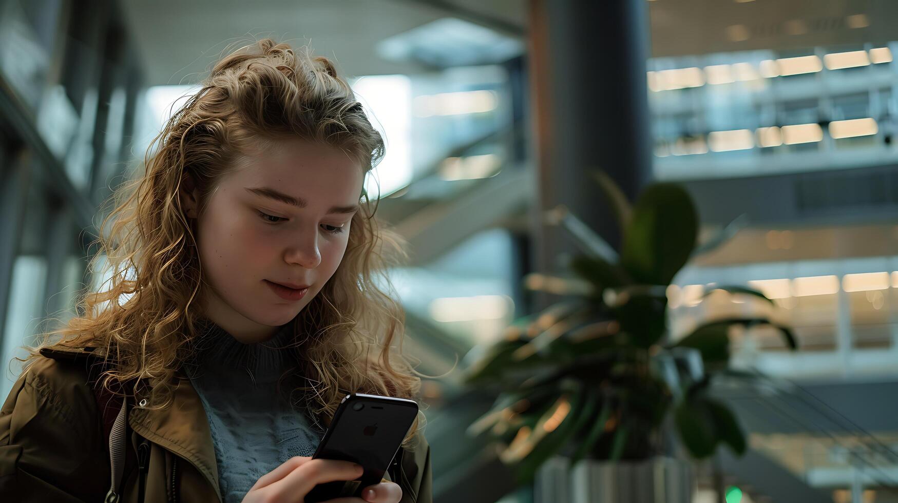 AI generated Engaged Woman with Smartphone in Modern Office Setting Captured in CloseUp photo