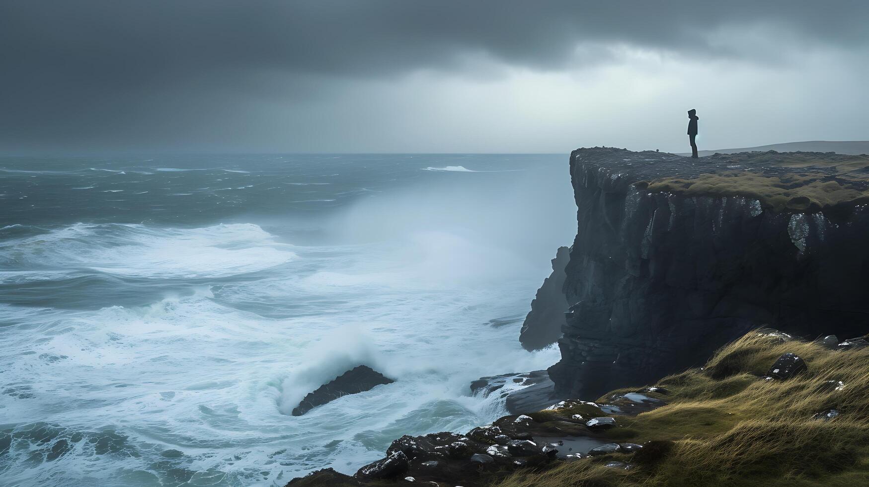 AI generated Unyielding Figure Confronts Tempest on Cliff Edge Defying Turbulent Ocean and Impending Storm photo