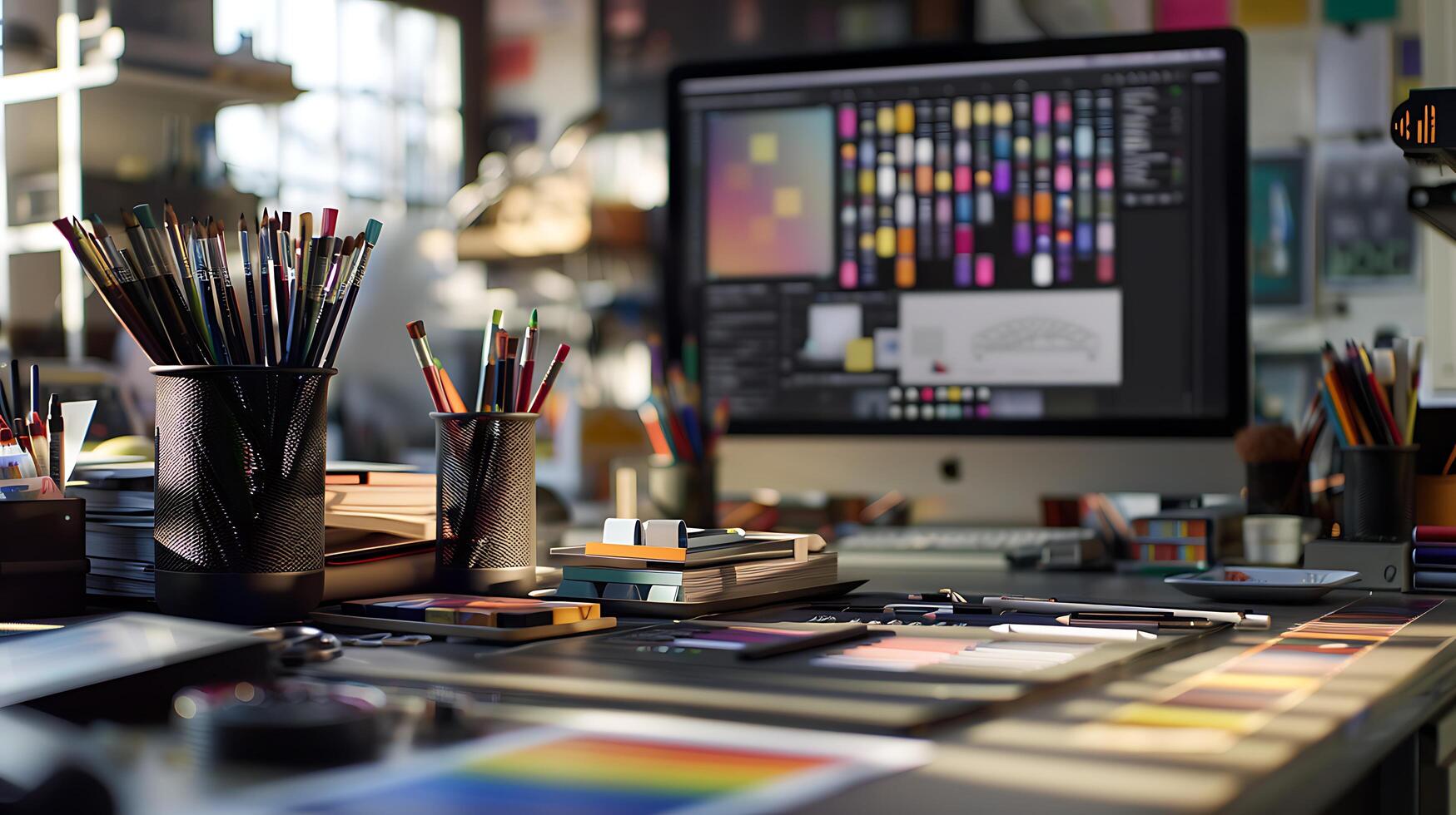 AI generated Designers Desk Aglow Graphic Design Resources Basking in Soft Natural Light photo