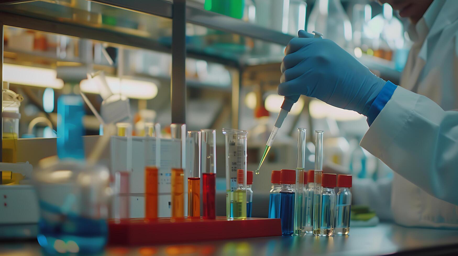 AI generated Scientist in Lab Coat Conducts Experiment Amid Colorful Chemicals and Scientific Equipment photo