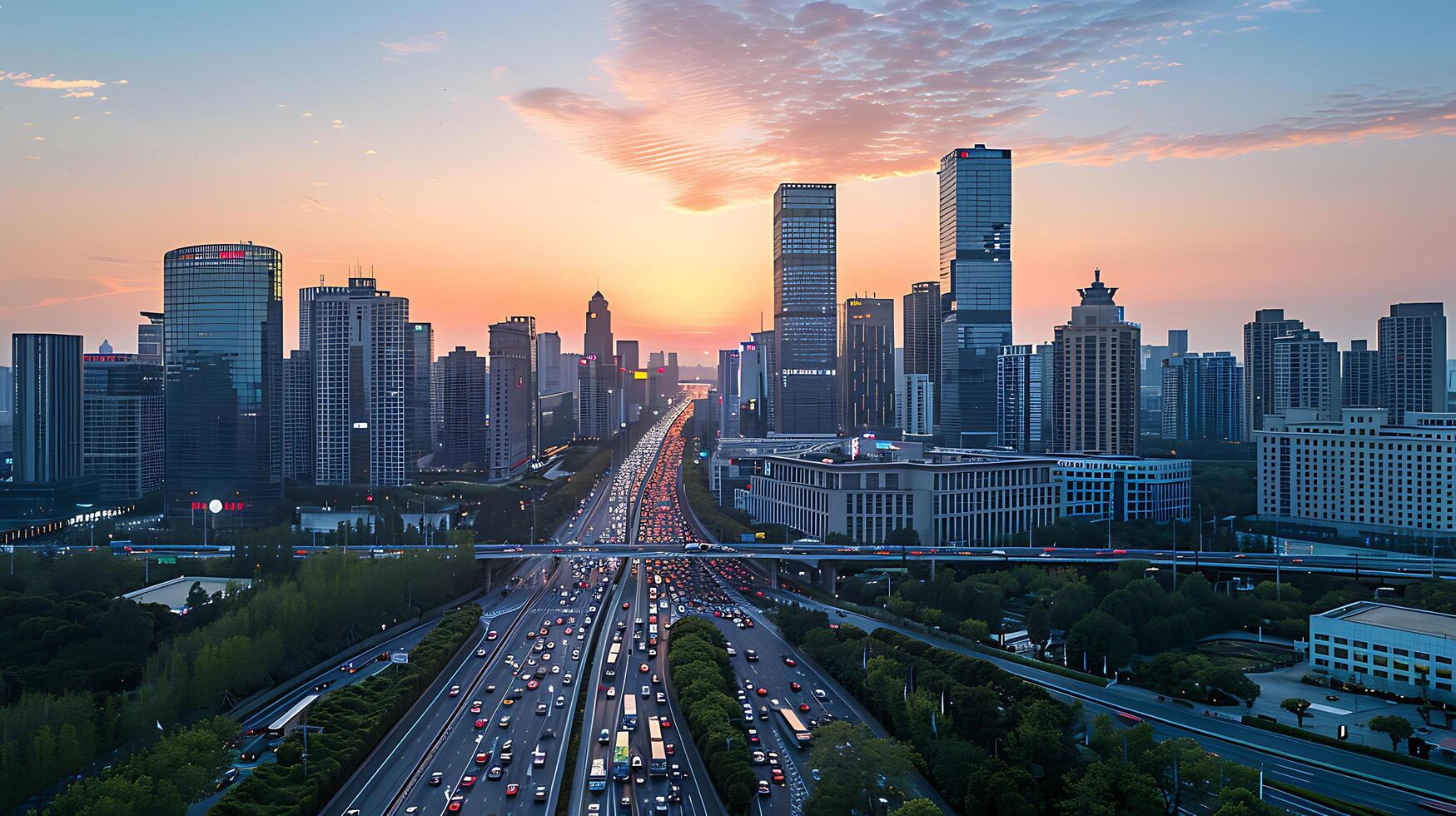 ai generado moderno ciudad horizonte bullicio a puesta de sol con tráfico fluido en elevado autopista capturado desde telefotográfico perspectiva foto