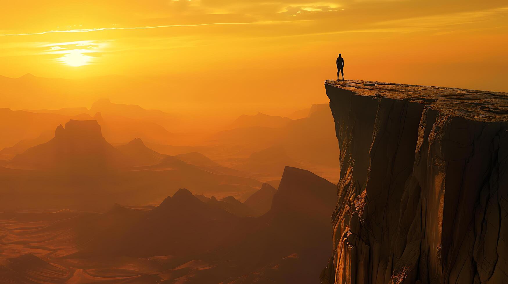 AI generated Braving the Unknown Lone Figure Embraces Sunset Over rugged Landscape Ready for New Challenges photo