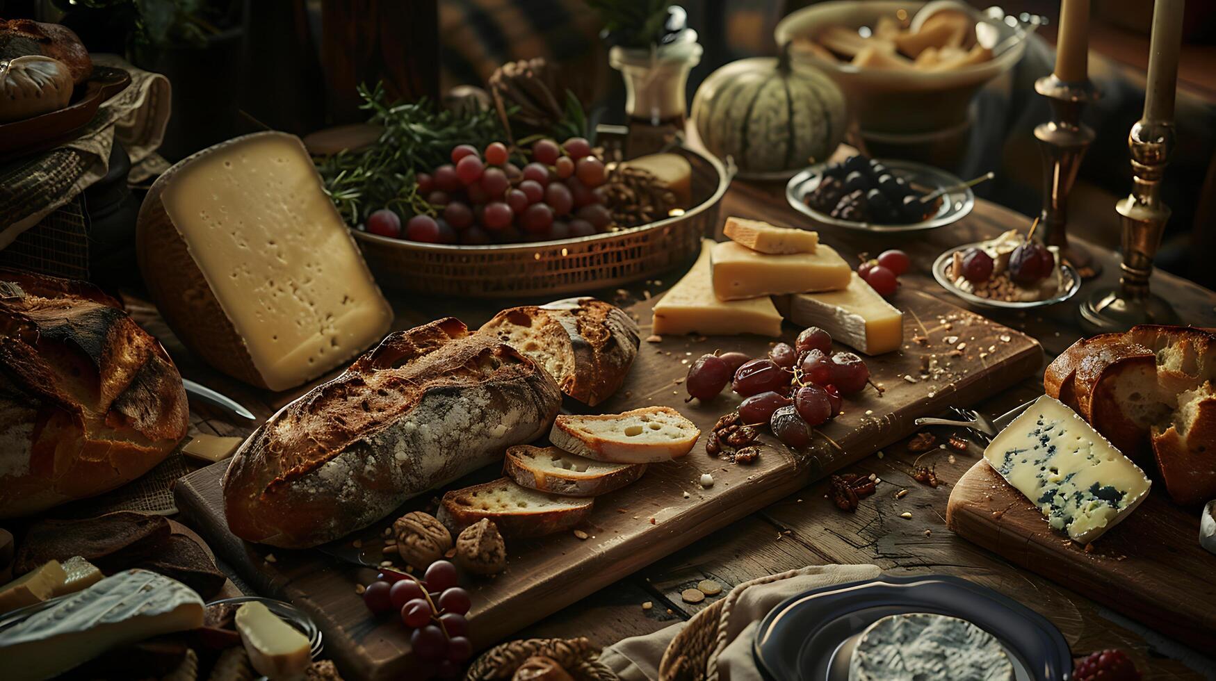 AI generated Delightful Spread of Freshly Baked Bread and Assorted Cheeses on Rustic Wooden Table Bathed in Warm Natural Light photo