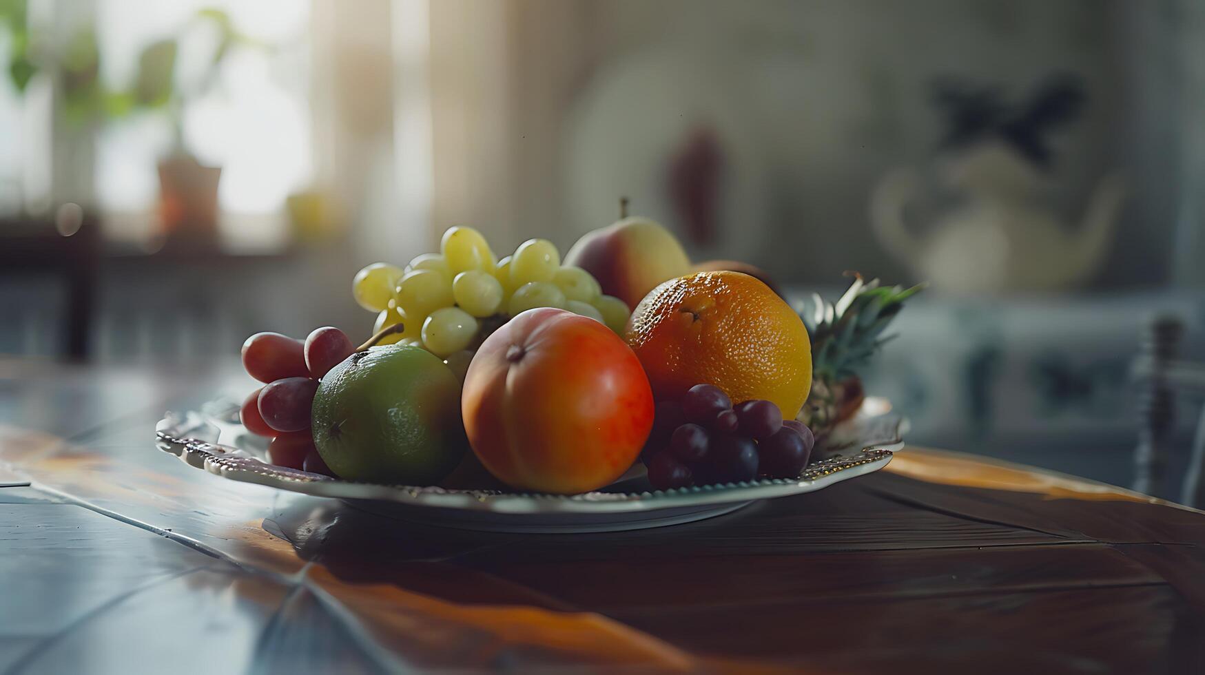 ai generado vibrante Fruta plato en madera mesa de cerca capturas vistoso texturas en rústico cocina 50 mm lente suave atención foto