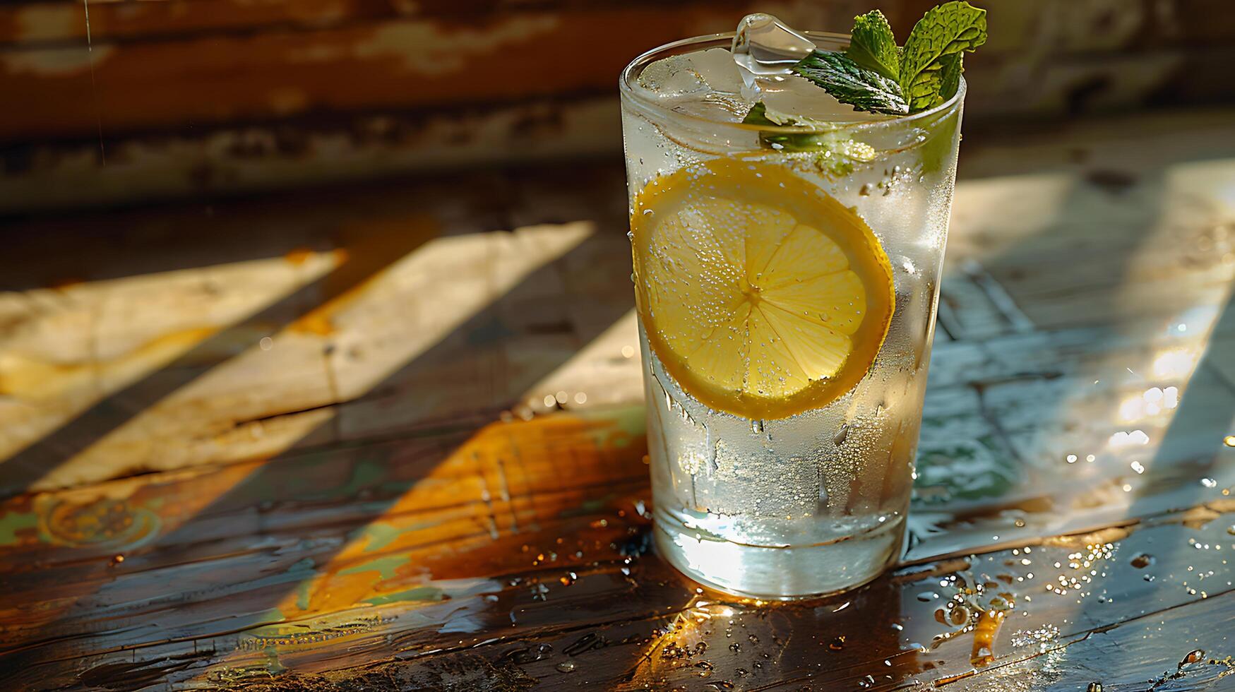 AI generated Icy Lemonade Macro Lens Captures Refreshing Condensation and Lemon Slice in Soft Dreamy Background photo
