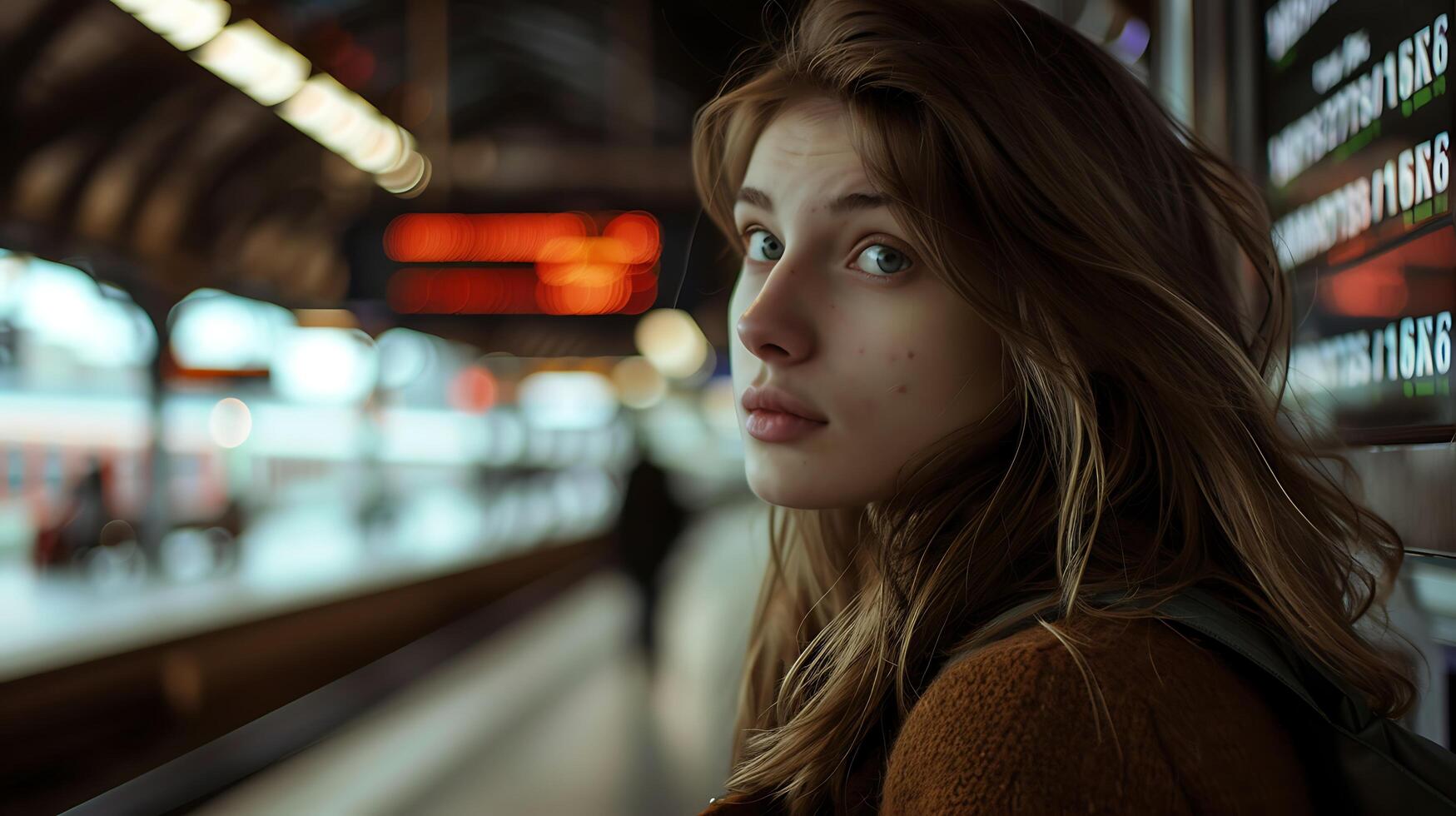 AI generated Young Woman Walks Through Airport Terminal with Suitcase Surrounded by Bustling Activity and Airport Stroll photo