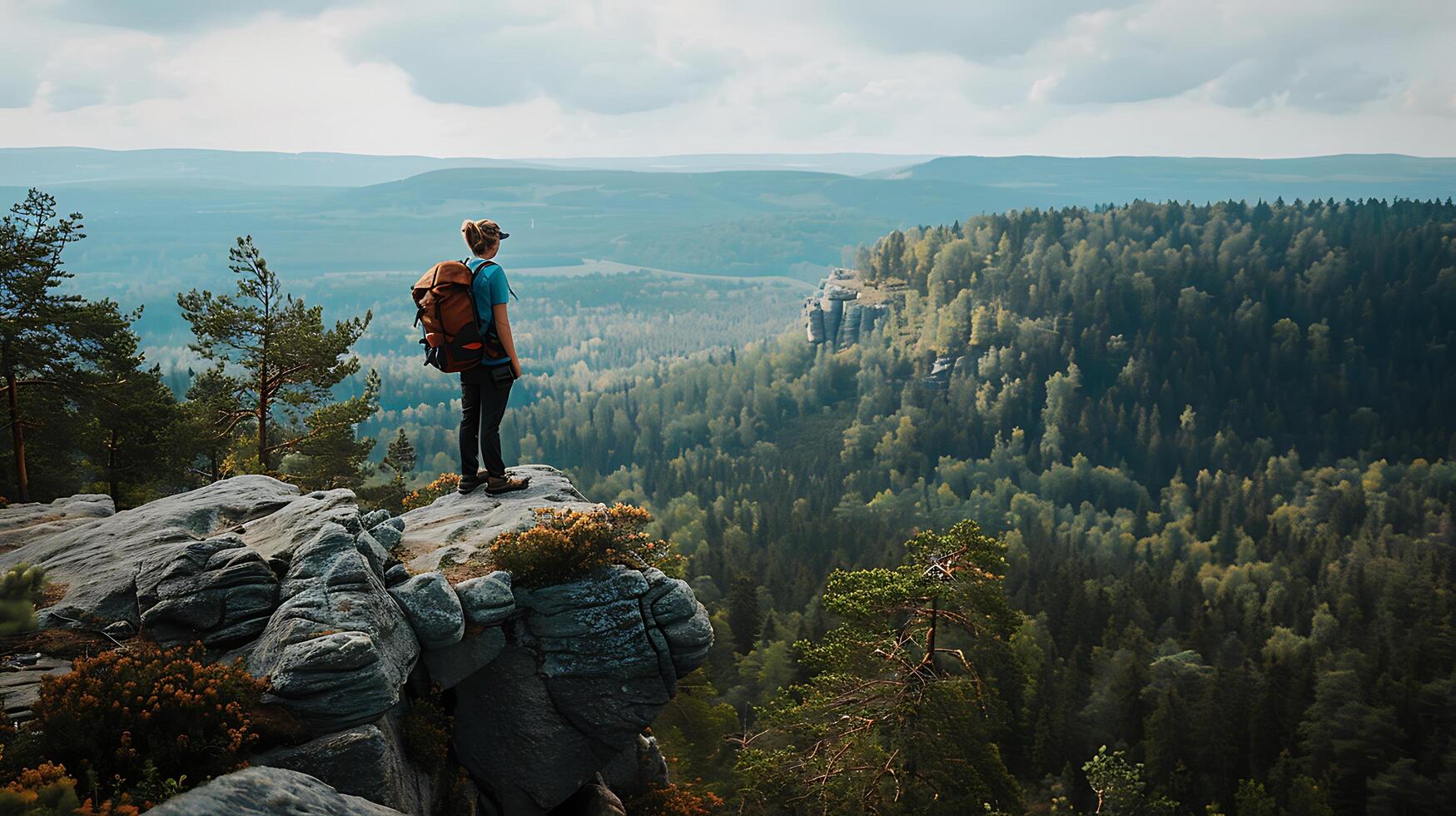 AI generated Hiker Stands on Rocky Cliff Overlooking Vast Lush Forest photo