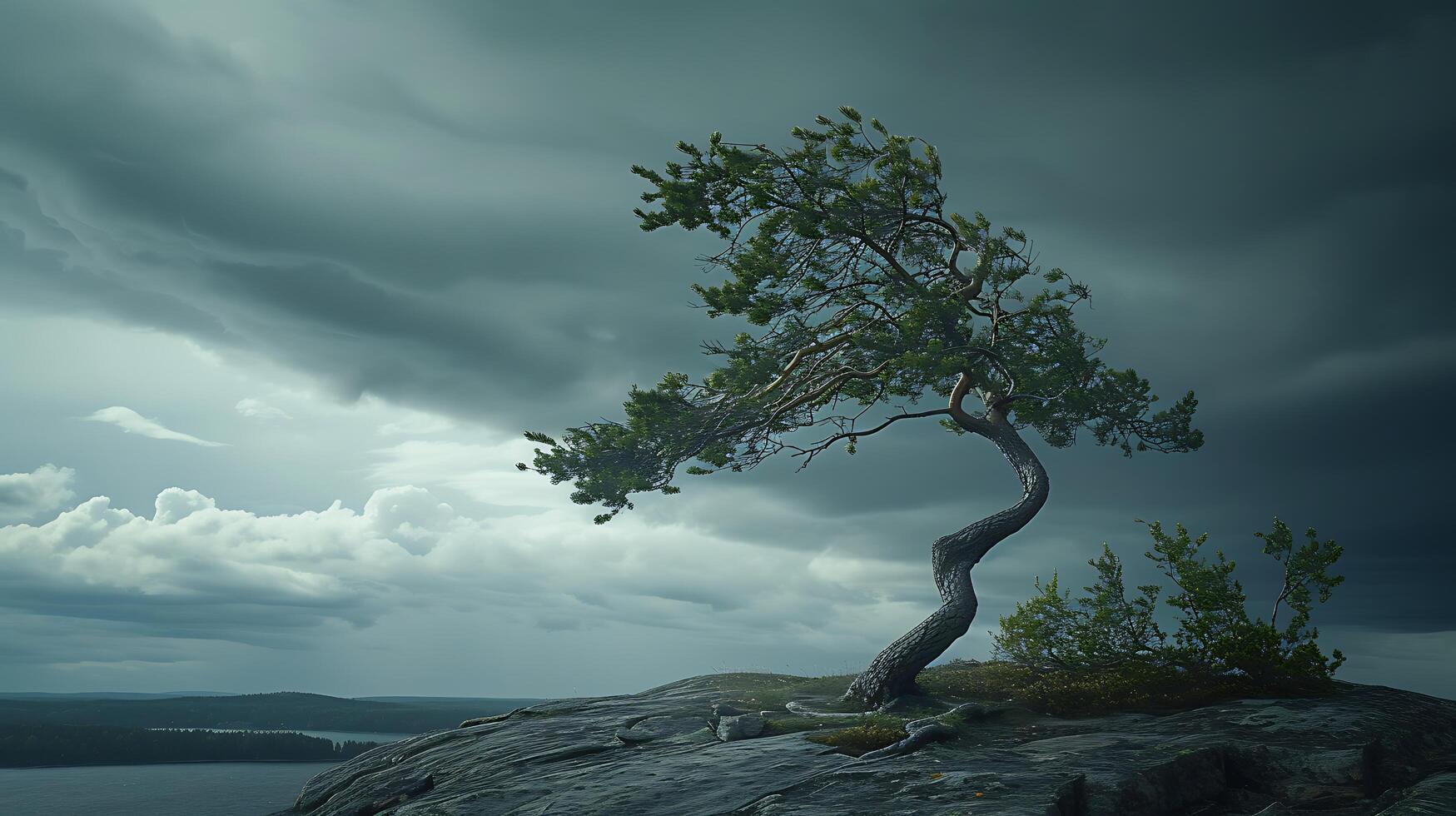 AI generated Resilient Tree Braces Against Storm Defiant Branches Firm Roots and Swirling Clouds Capture Strength in Adversity photo