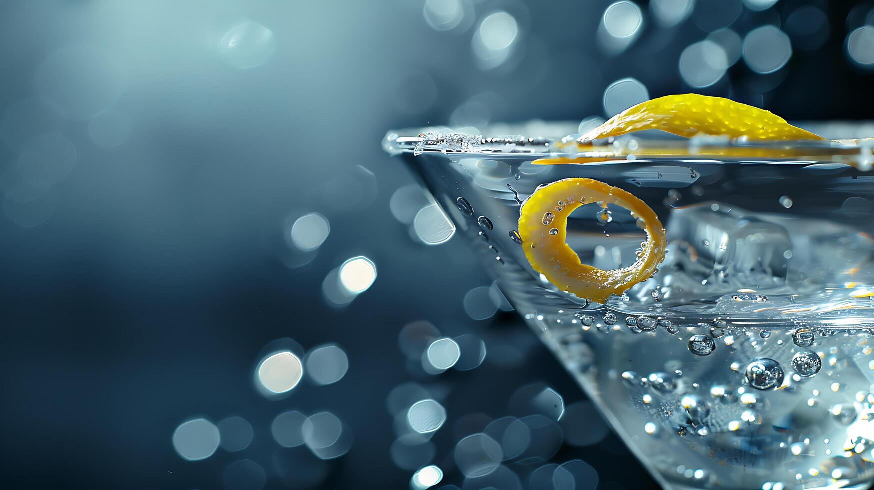 AI generated Elegant Martini Glass Filled With Clear Liquid and Lemon Peel Against Moody Background CloseUp Lens Focus photo
