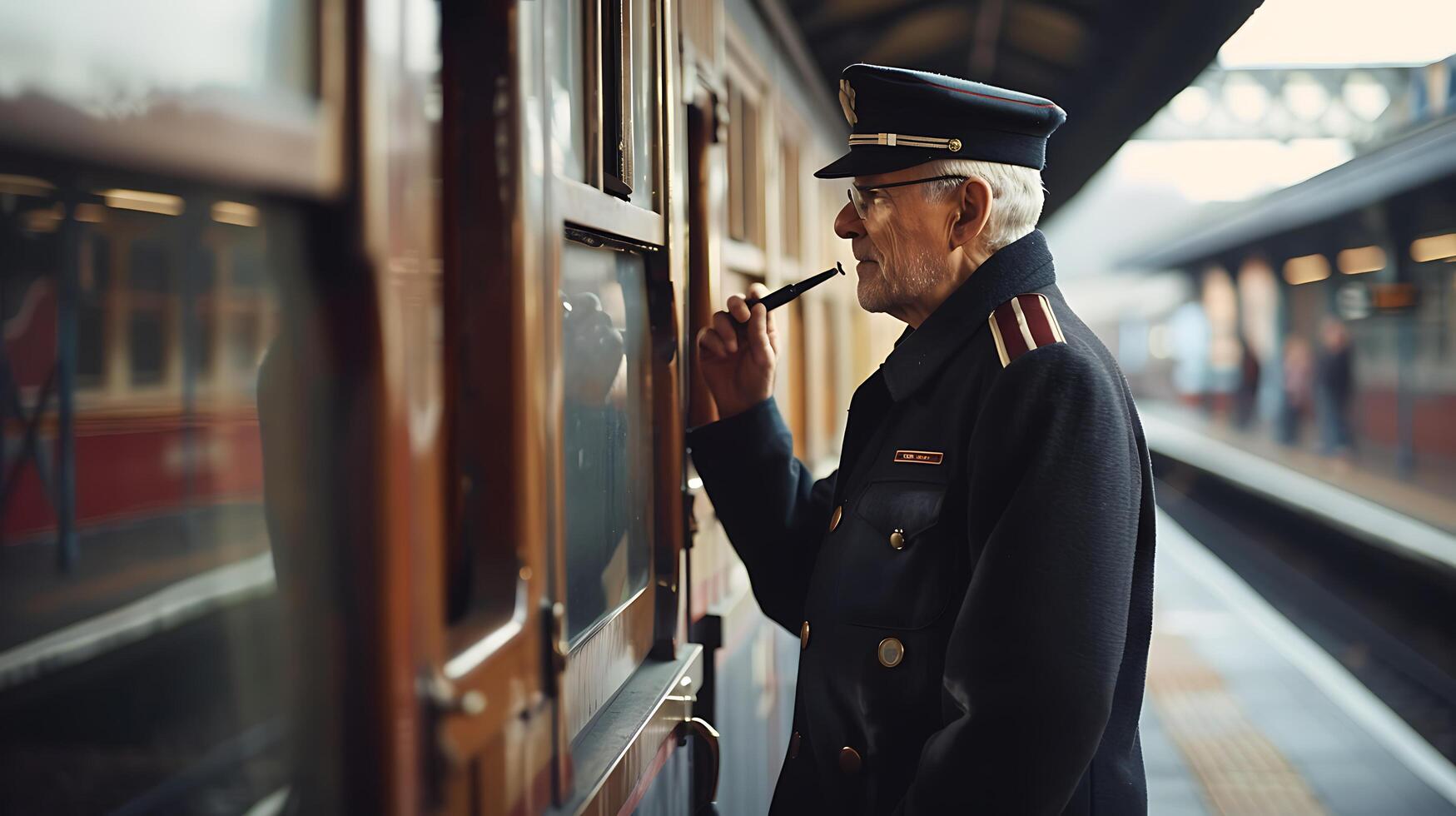 ai generado tren conductor señales salida con silbar a plataforma foto