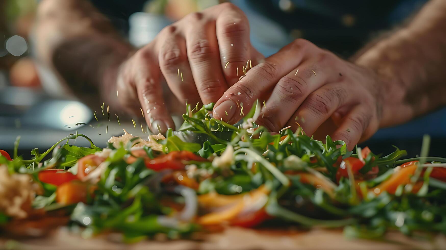 AI generated Expert Chef Crafts Vibrant Salad Meticulously Assembling Fresh Ingredients on Wooden Board photo