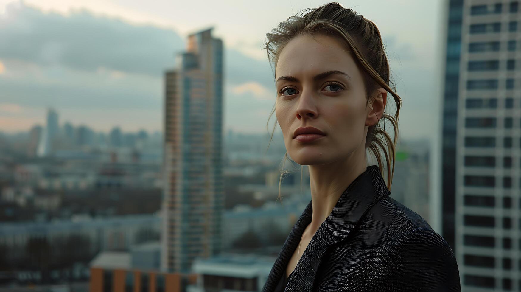 AI generated Confident Businesswoman in Tailored Suit Stands Before Modern Office Building Captured with Telephoto Lens photo