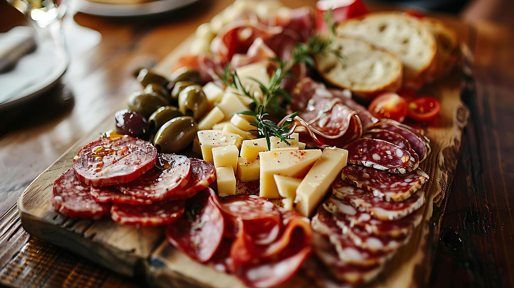 AI generated Sumptuous Charcuterie Board Showcases Assorted Meats Cheeses and Fruits in Captivating 50mm CloseUp Shot photo
