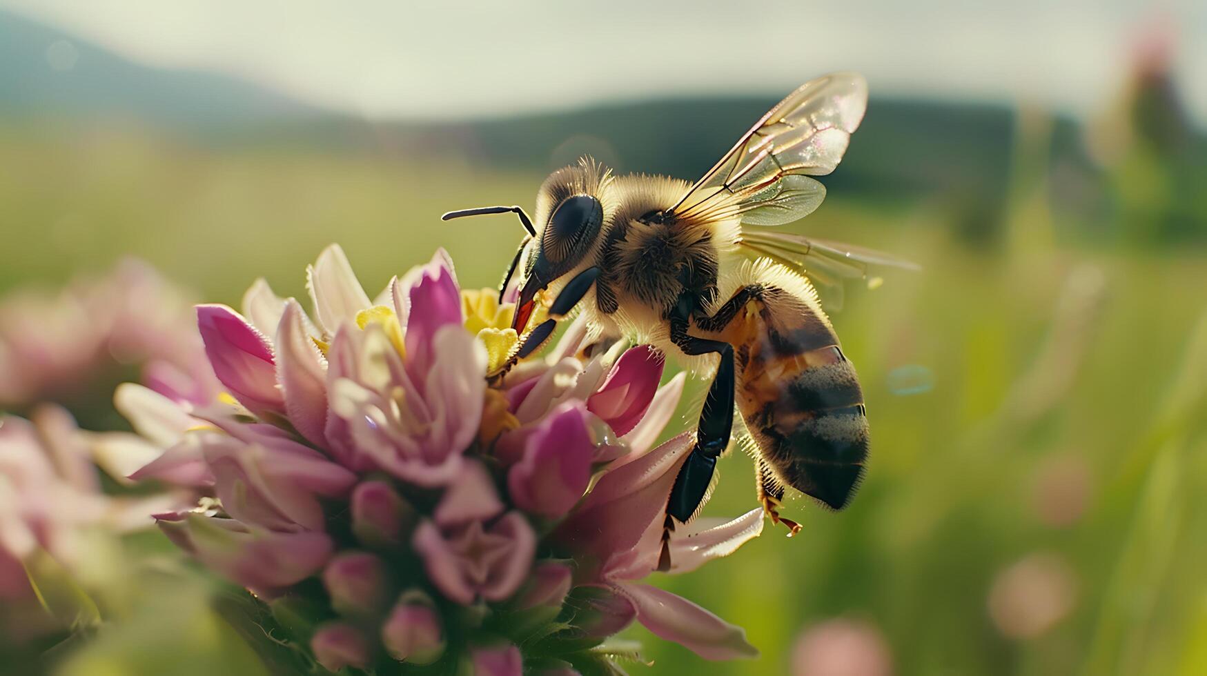 ai generado vistoso flor silvestre atrae abeja en verde prado capturado con gran angular lente foto