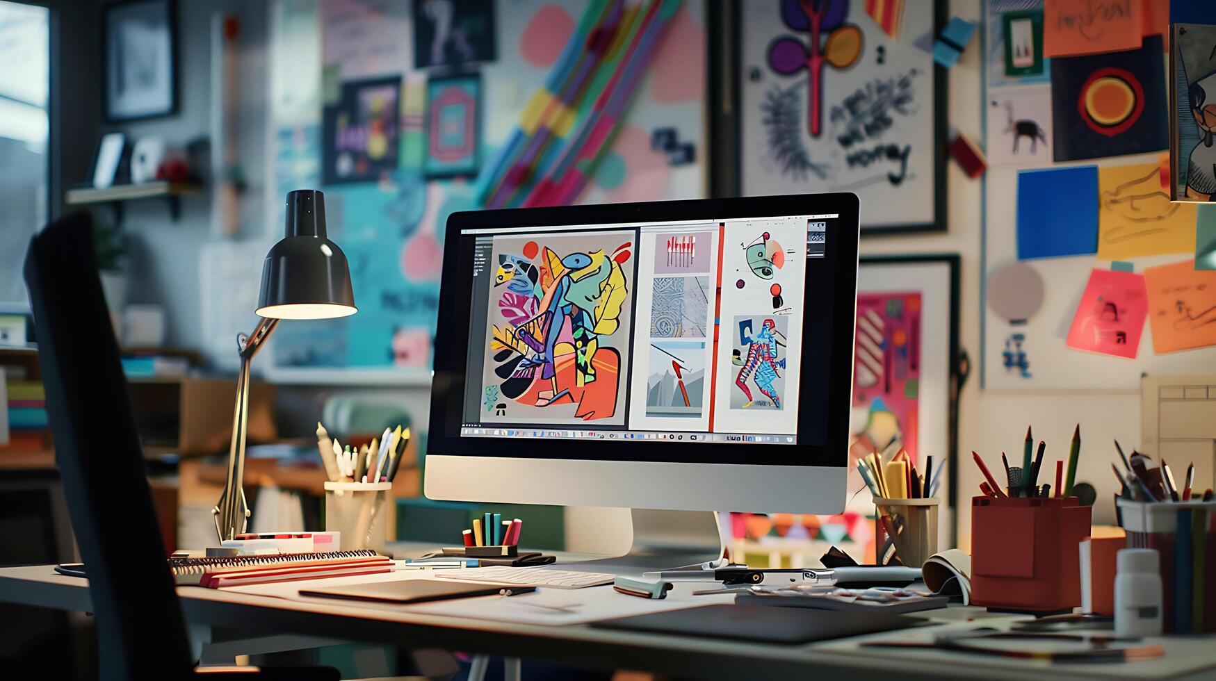 AI generated Designers Desk Graphic Design Resources Bathed in Soft Natural Light photo