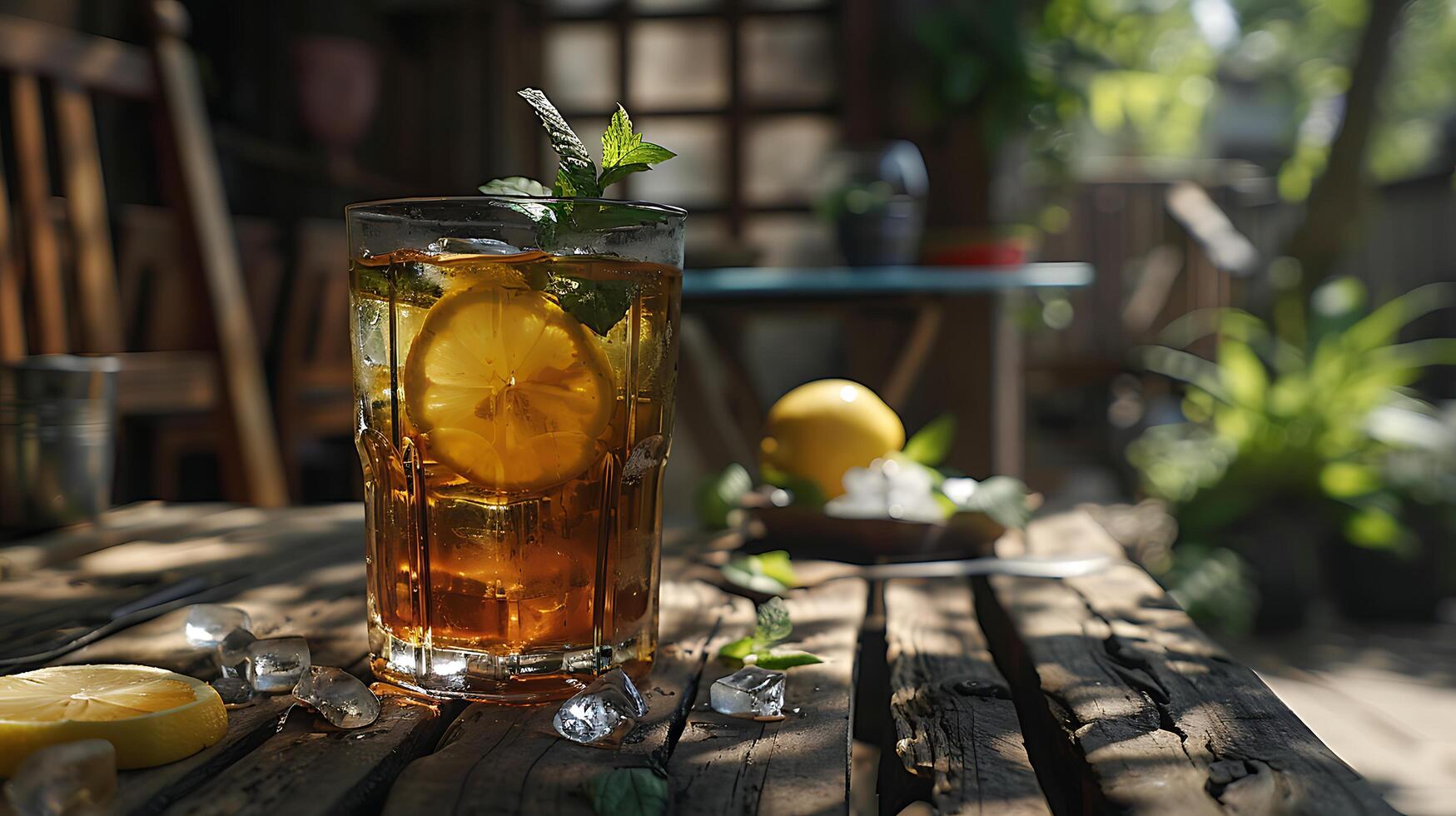 ai generado refrescante con hielo limonada con menta y limón rebanadas en contra brillante y aireado antecedentes foto