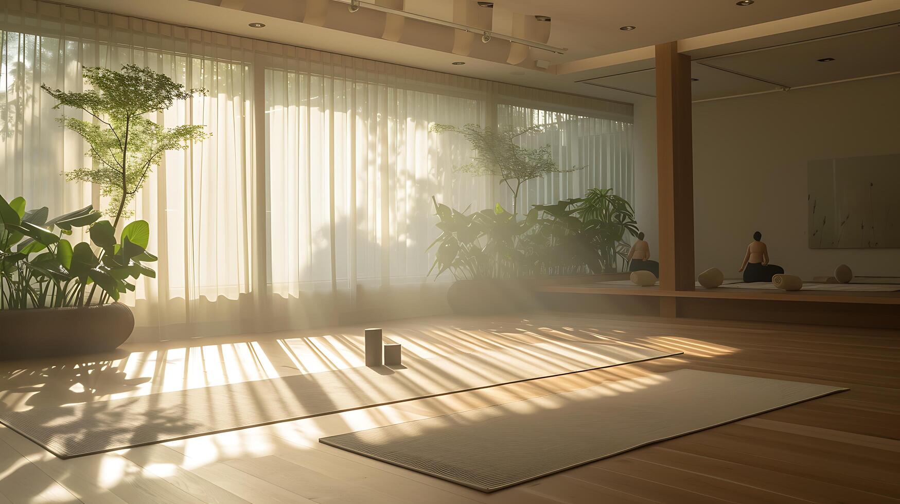 AI generated Tranquil Yoga Studio Serene Retreat with Calming Music Earthy Hues and Fluid Motions photo