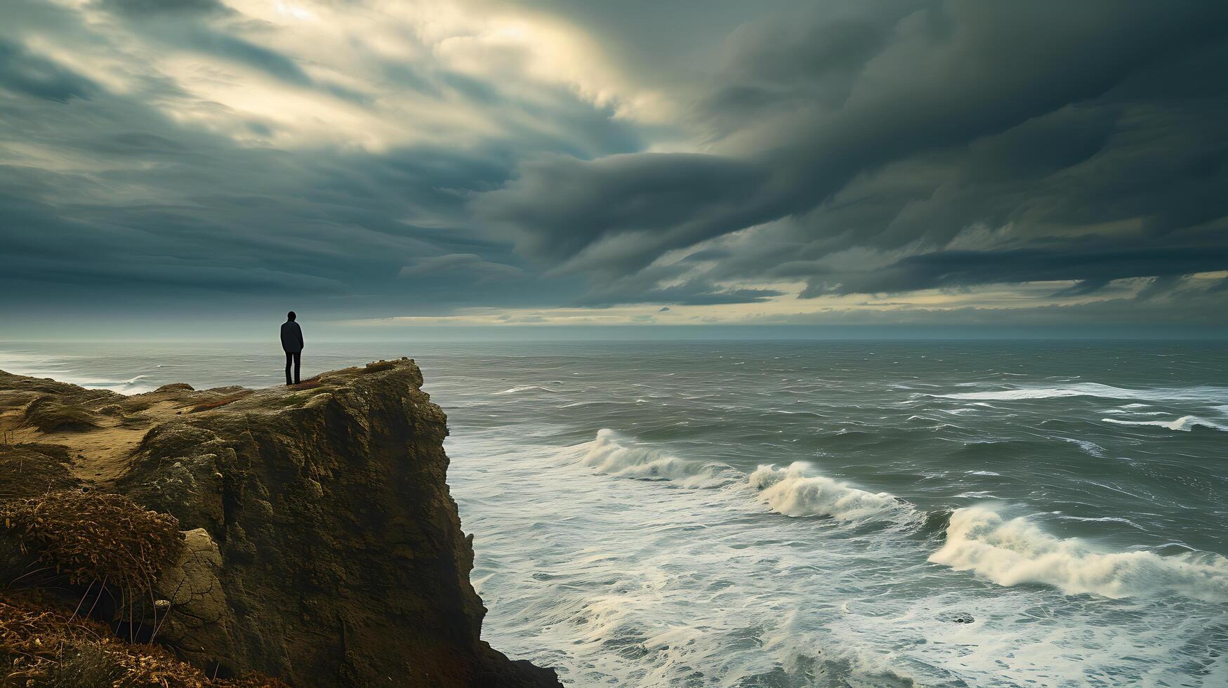 ai generado contemplando soledad viento olas y turbulento cielo pasado por alto por un figura en un acantilado foto