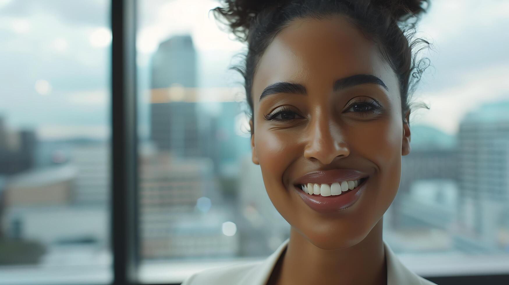 ai generado confidente mujer de negocios estratégicamente planes en moderno oficina ciudad horizonte ver mediante piso a techo ventana foto