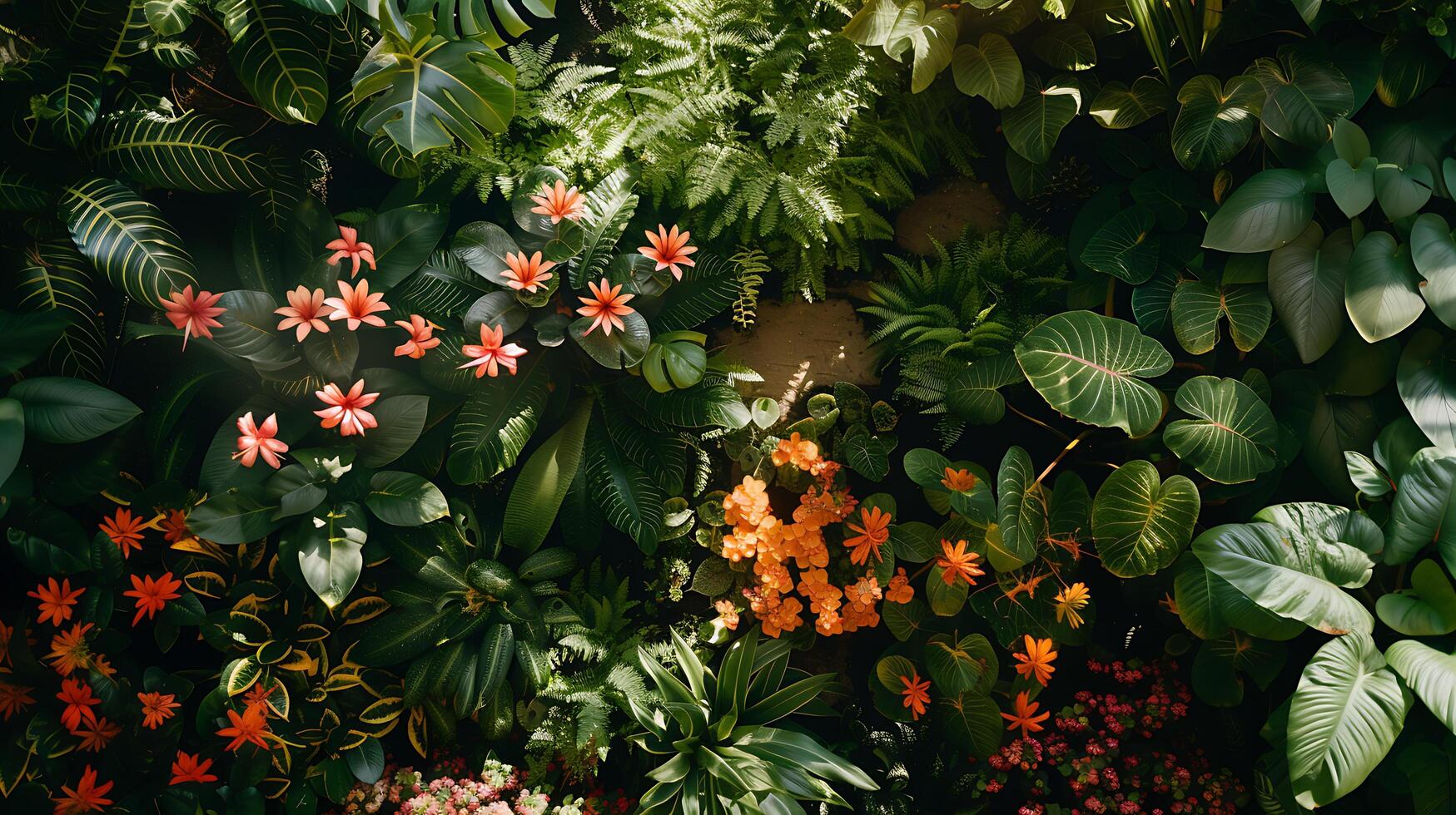 AI generated Lush Garden Blooms Under Soft Natural Light in Captivating Overhead View photo