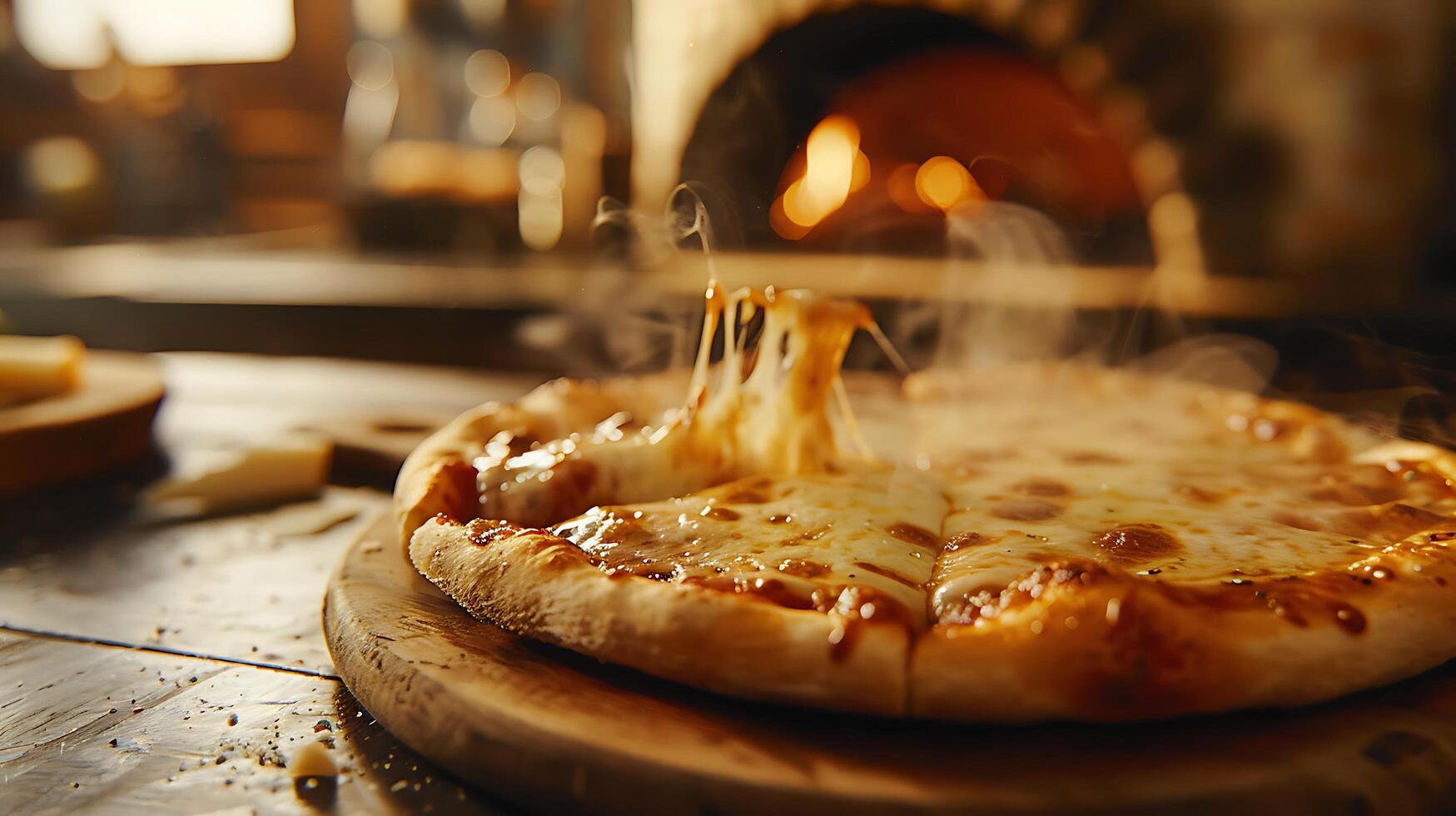 AI generated Freshly Baked Pizza Captured in Crisp Detail Steam Rising Against Rustic Kitchen Background photo