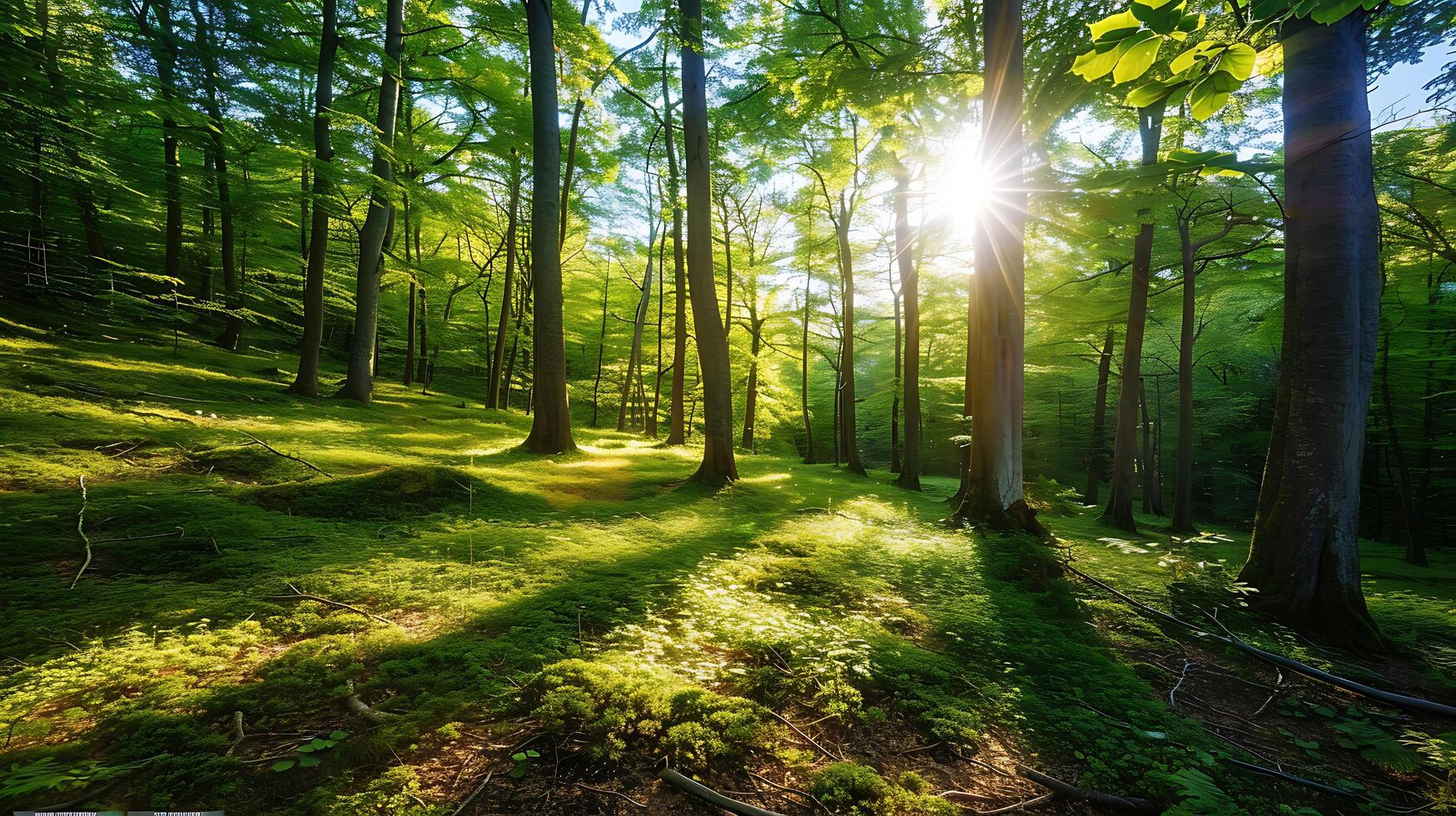 AI generated Serene Forest Scene Sunlight Through Trees Lush Foliage and Vibrant Colors photo