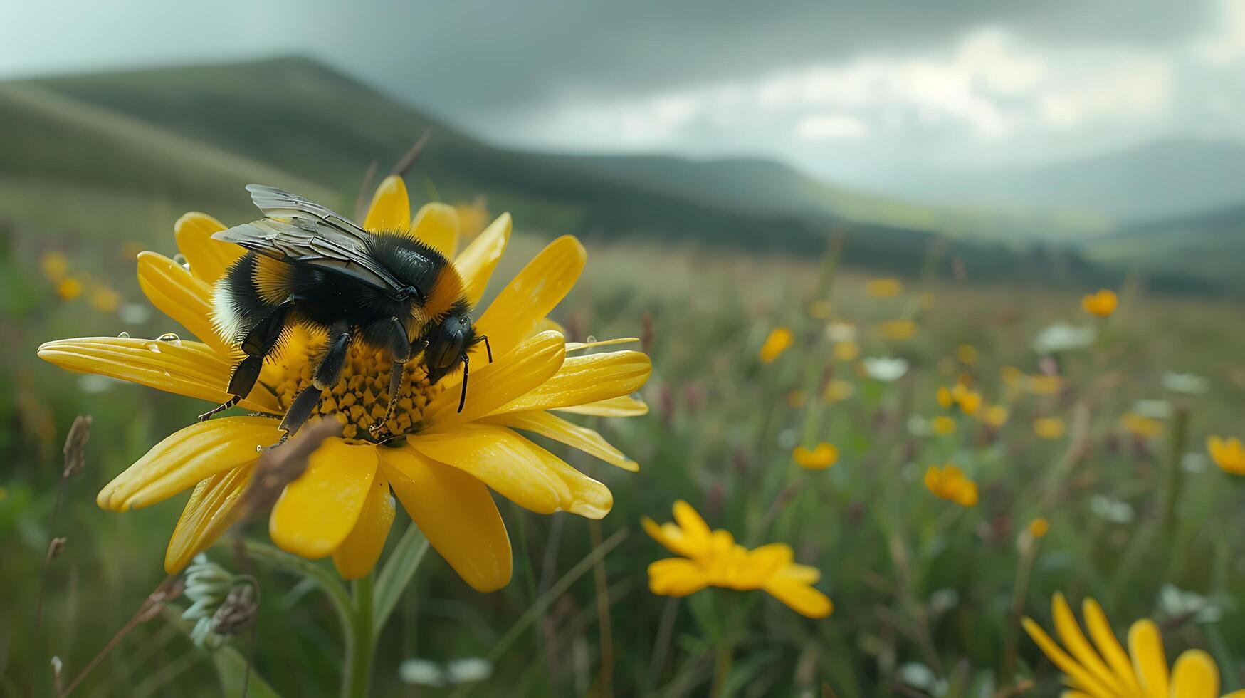 AI generated Vibrant Wildflower Meadow Bee Pollination in Soft Natural Light Expansive Landscape in Background photo