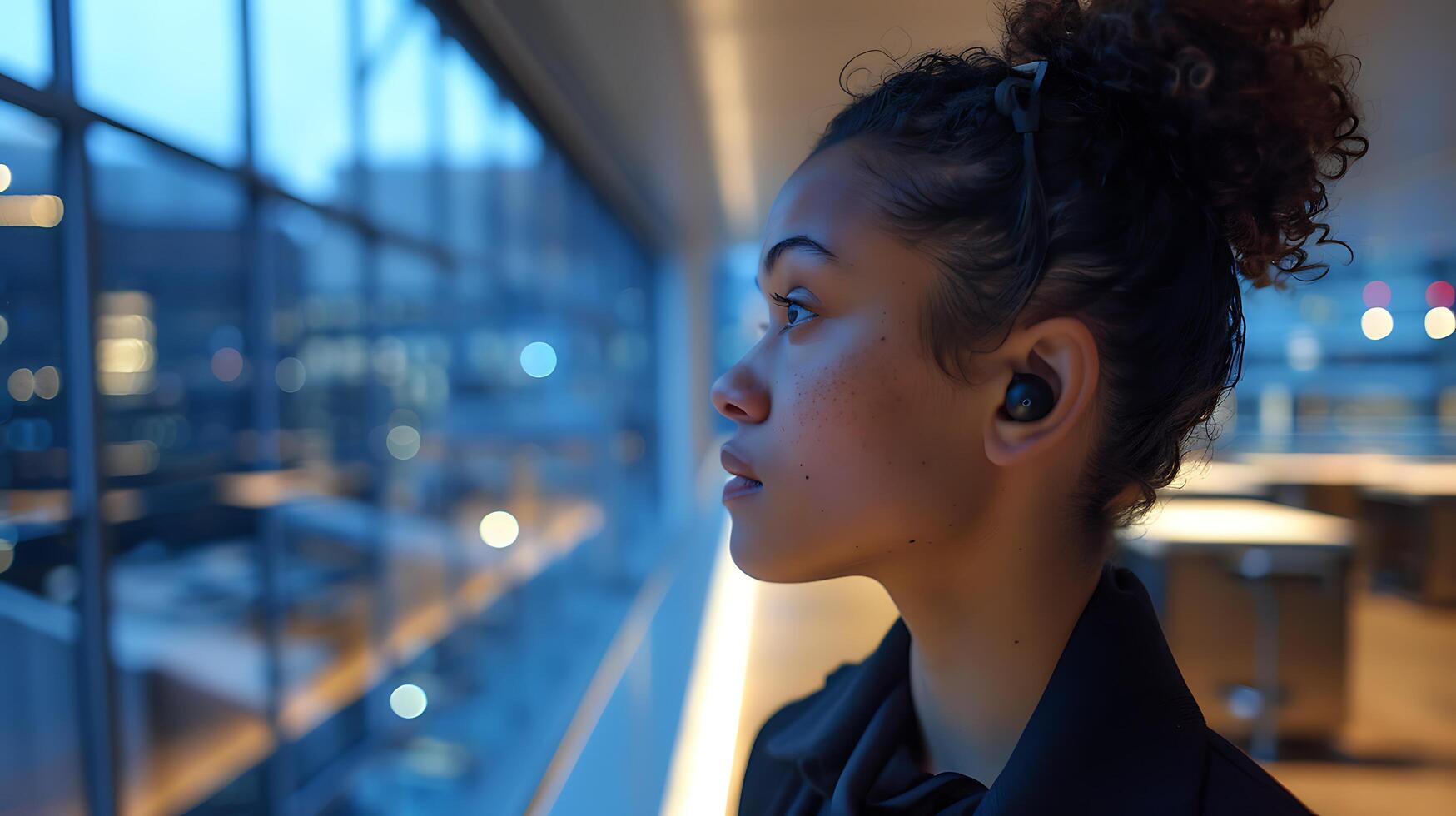 AI generated Person Embraces Modern Workstyle with Wireless Earbuds in Blurred Office Space photo