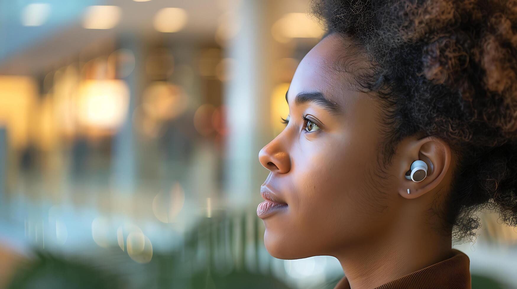 AI generated Person Wearing Wireless Earbuds in Modern Office Space Captured with 50mm Closeup Shot photo